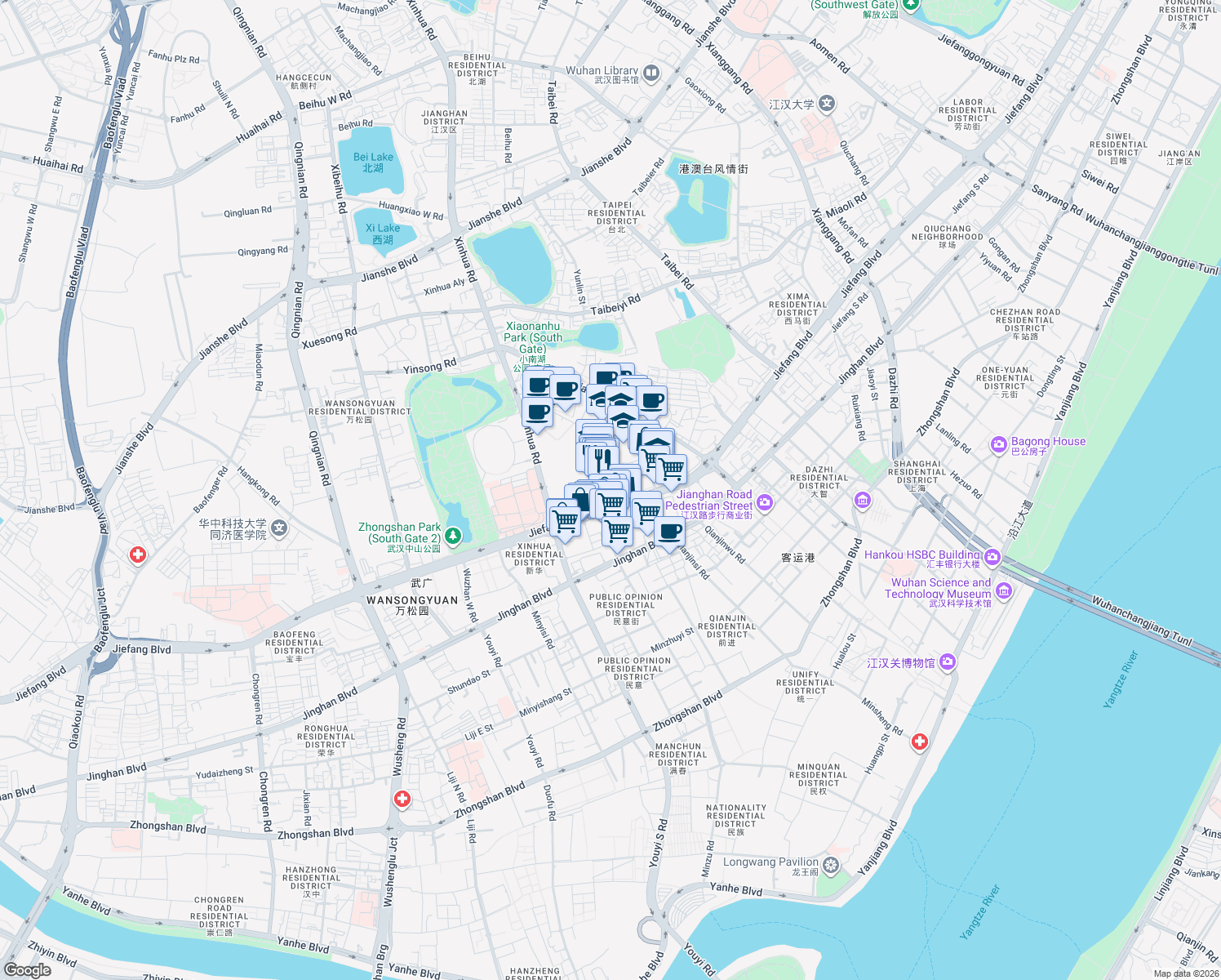 map of restaurants, bars, coffee shops, grocery stores, and more near Jing Wu Lu in Wu Han Shi