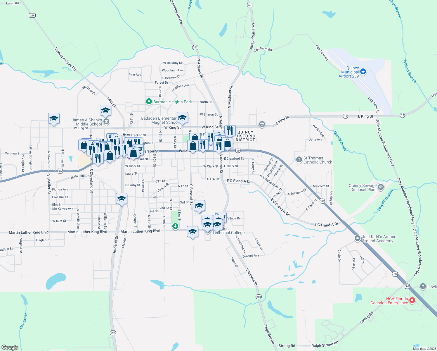 map of restaurants, bars, coffee shops, grocery stores, and more near 230 South Adams Street in Quincy