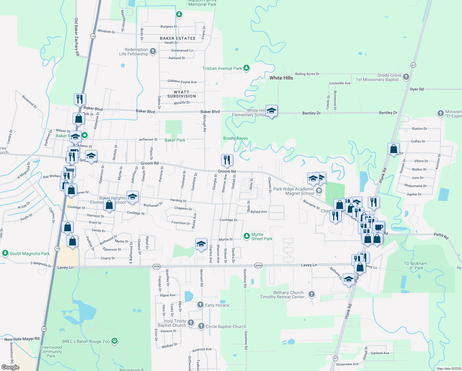 map of restaurants, bars, coffee shops, grocery stores, and more near 1047 Sinbad Street in Baker