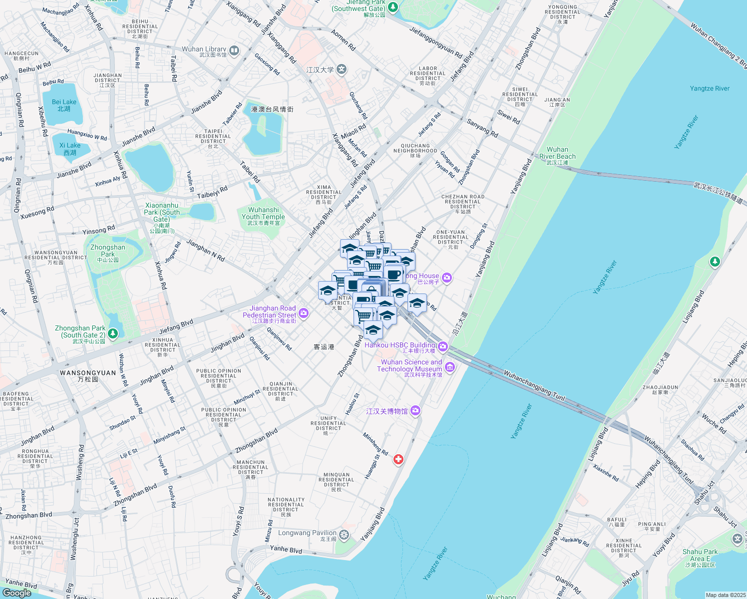map of restaurants, bars, coffee shops, grocery stores, and more near Zhong Shan Da Dao in Wuhan Shi