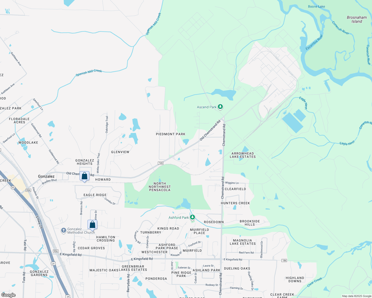 map of restaurants, bars, coffee shops, grocery stores, and more near 2647 Old Chemstrand Road in Gonzalez