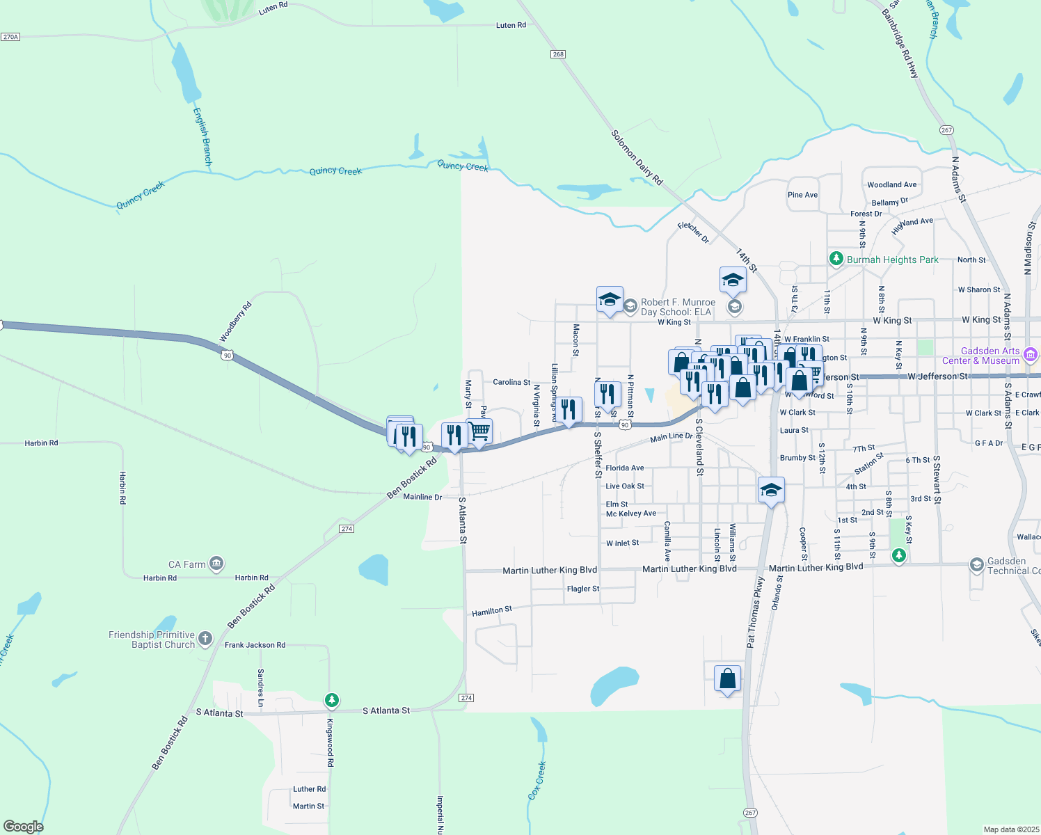 map of restaurants, bars, coffee shops, grocery stores, and more near East Pavillion Drive in Quincy