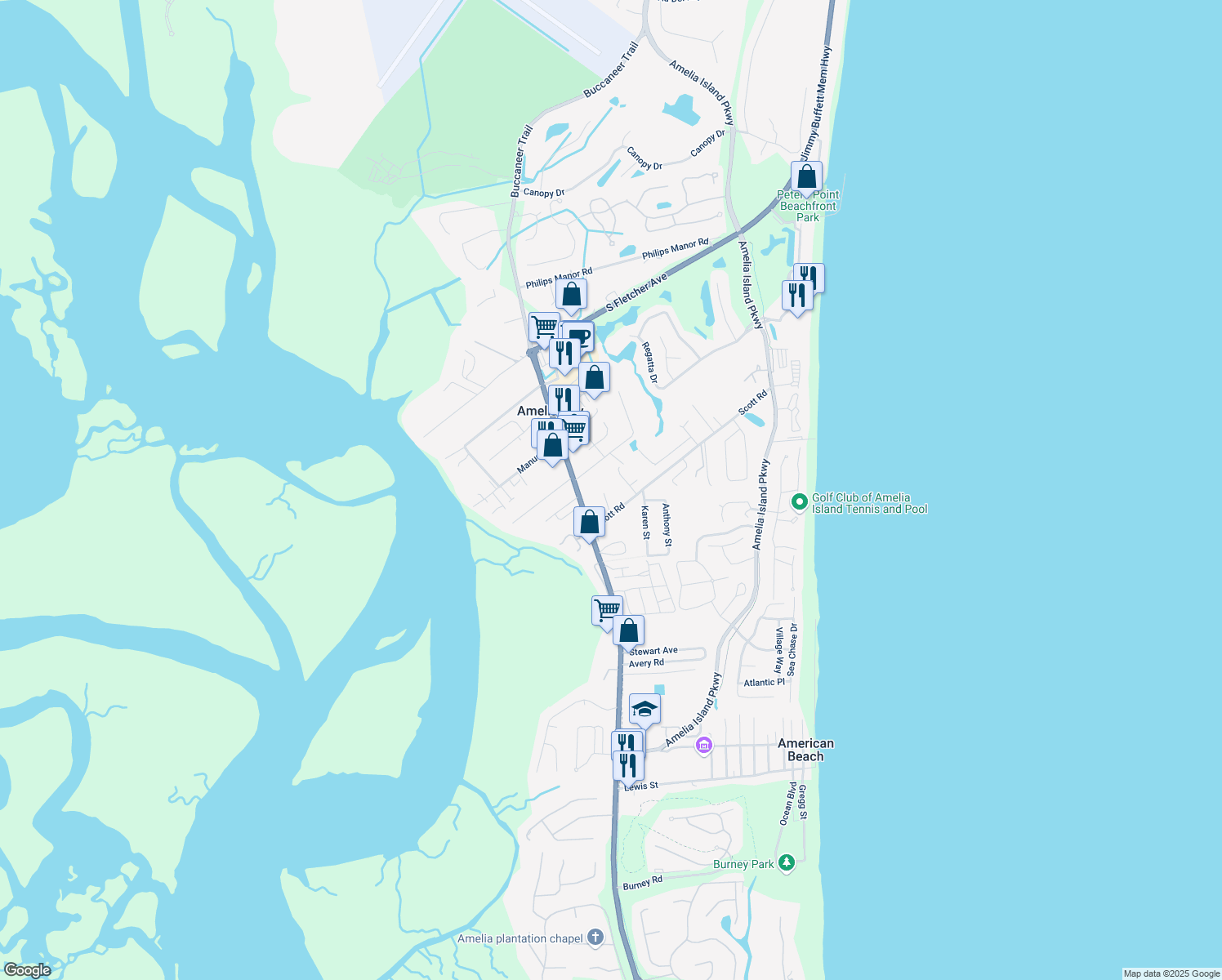 map of restaurants, bars, coffee shops, grocery stores, and more near 4946 Island Lane in Fernandina Beach