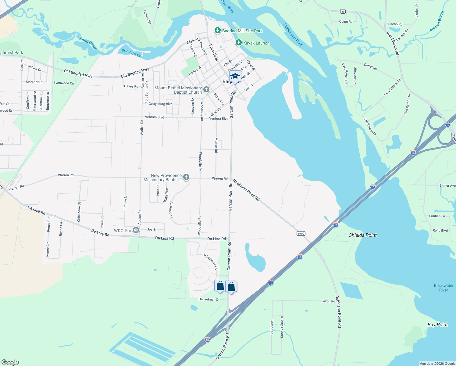 map of restaurants, bars, coffee shops, grocery stores, and more near 4199 Garcon Point Road in Milton