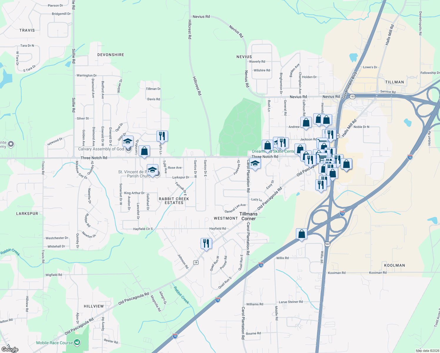 map of restaurants, bars, coffee shops, grocery stores, and more near 5023 Freeway Ln in Mobile