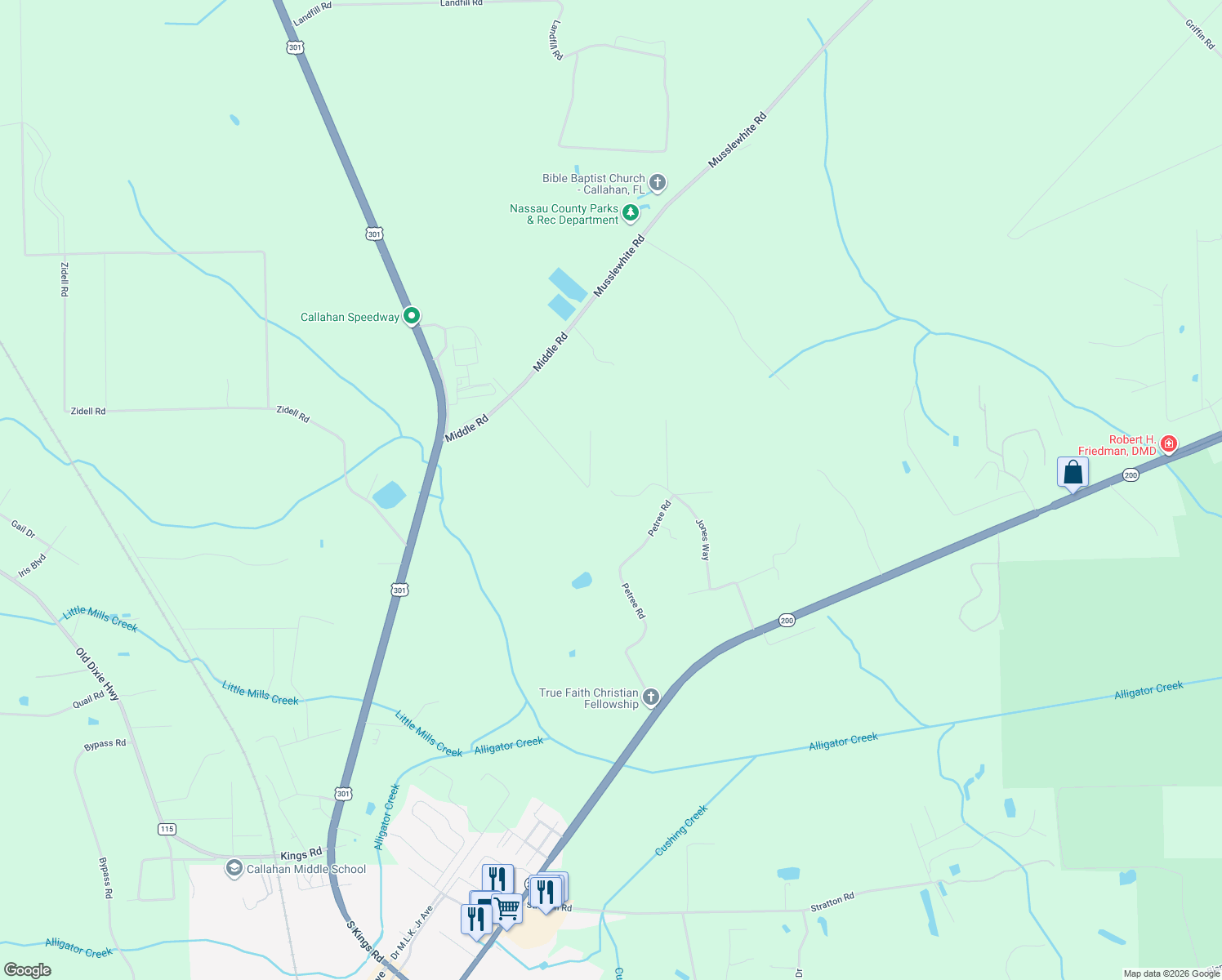 map of restaurants, bars, coffee shops, grocery stores, and more near 45724 Jones Way in Callahan
