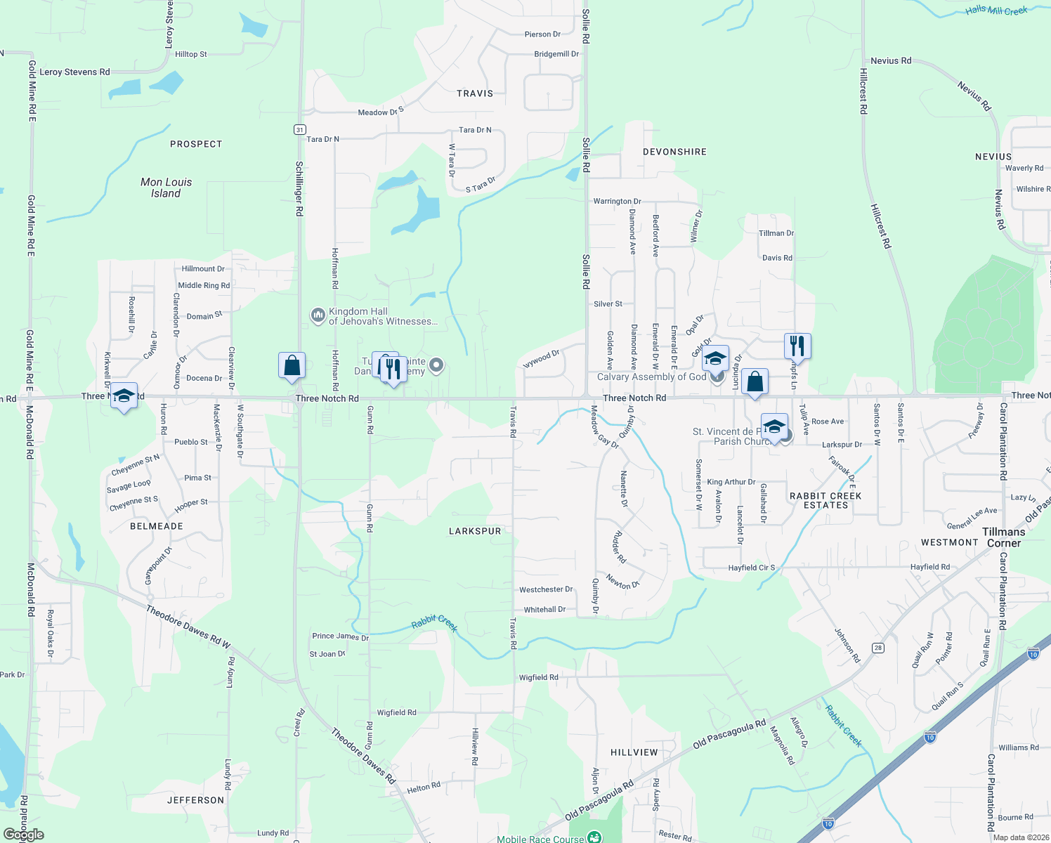 map of restaurants, bars, coffee shops, grocery stores, and more near 4955 Travis Rd in Mobile