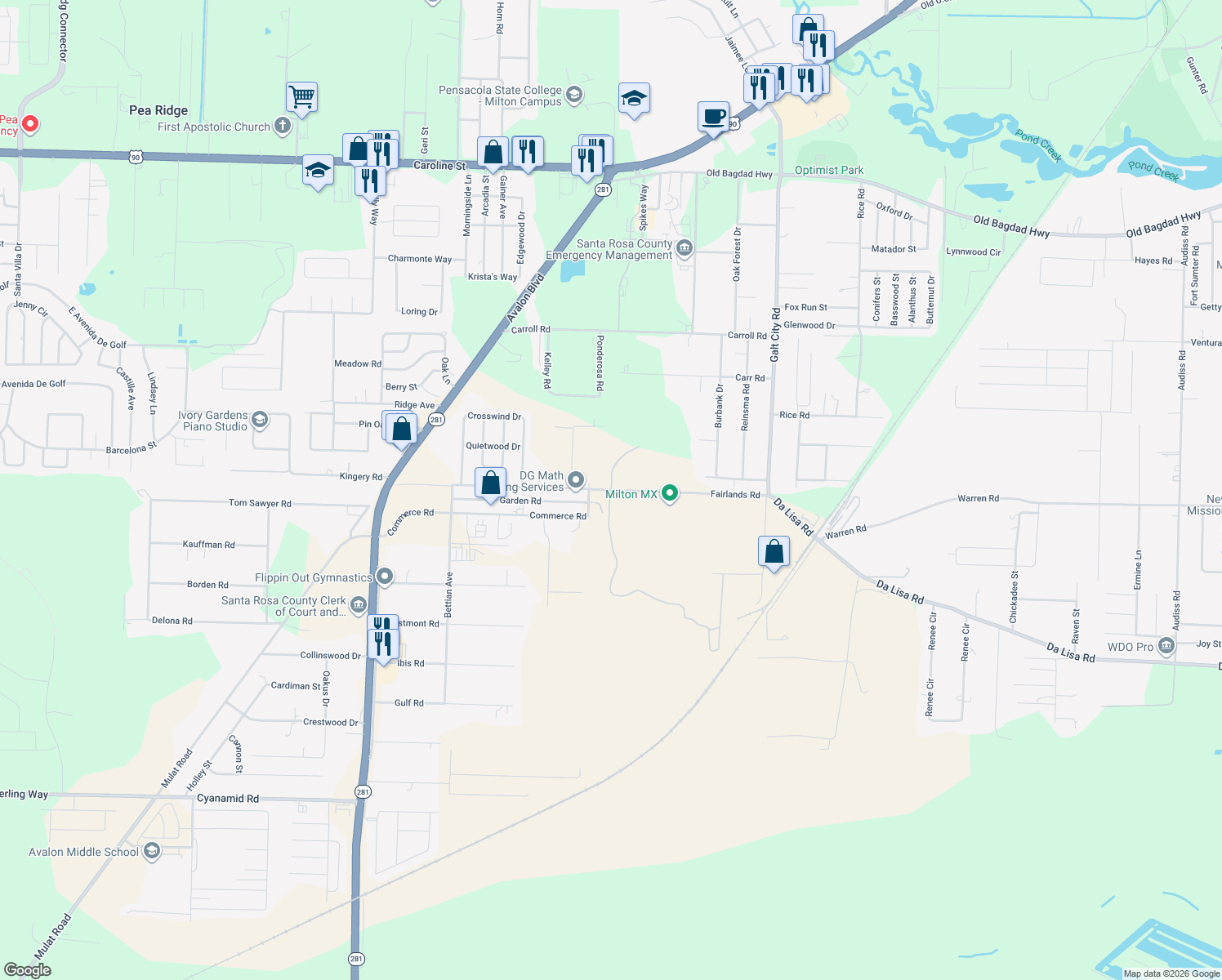 map of restaurants, bars, coffee shops, grocery stores, and more near Fairlands Road in Milton