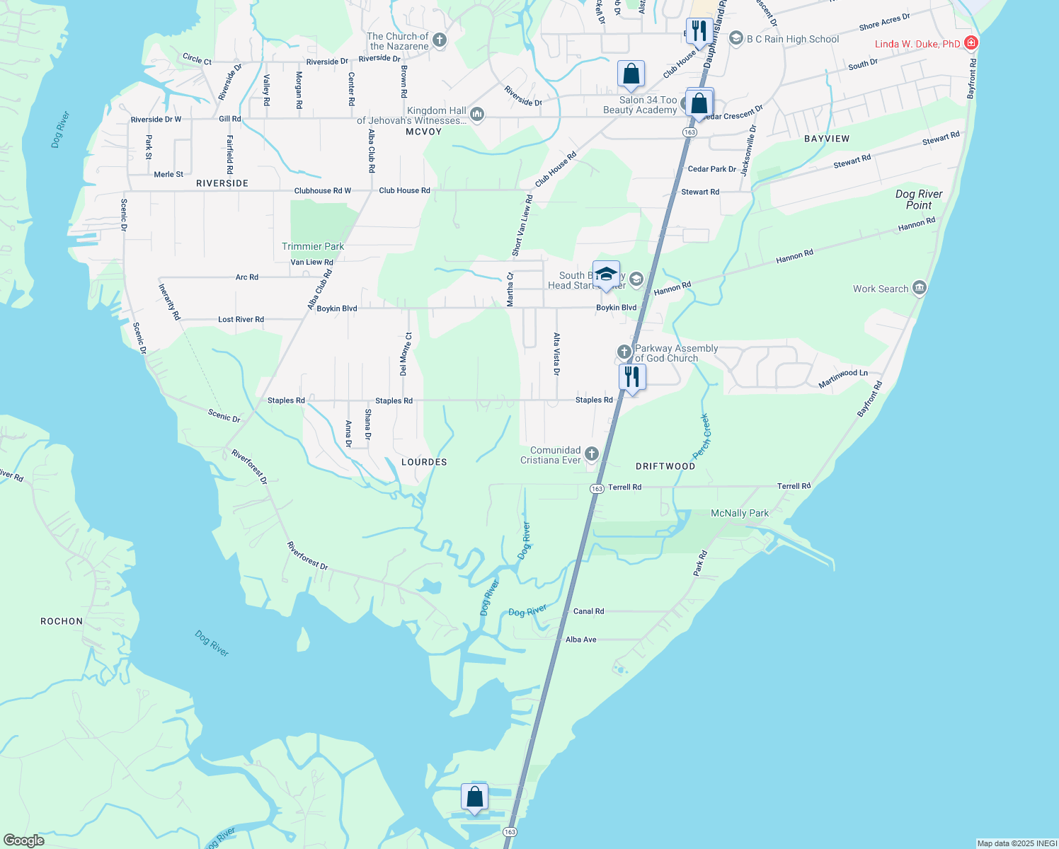 map of restaurants, bars, coffee shops, grocery stores, and more near 4015 Tulsa Drive in Mobile
