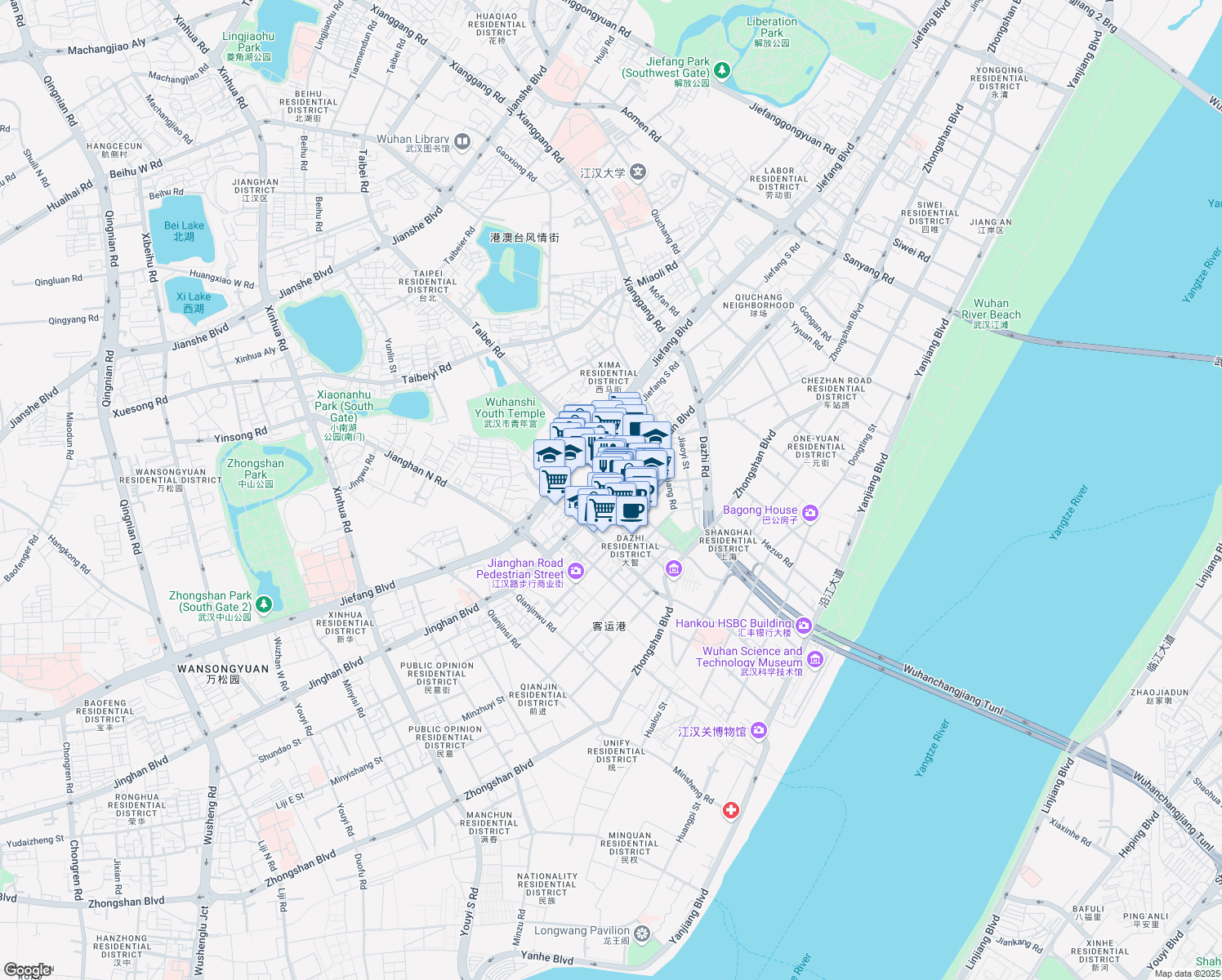 map of restaurants, bars, coffee shops, grocery stores, and more near Jing Han Da Dao in Wu Han Shi