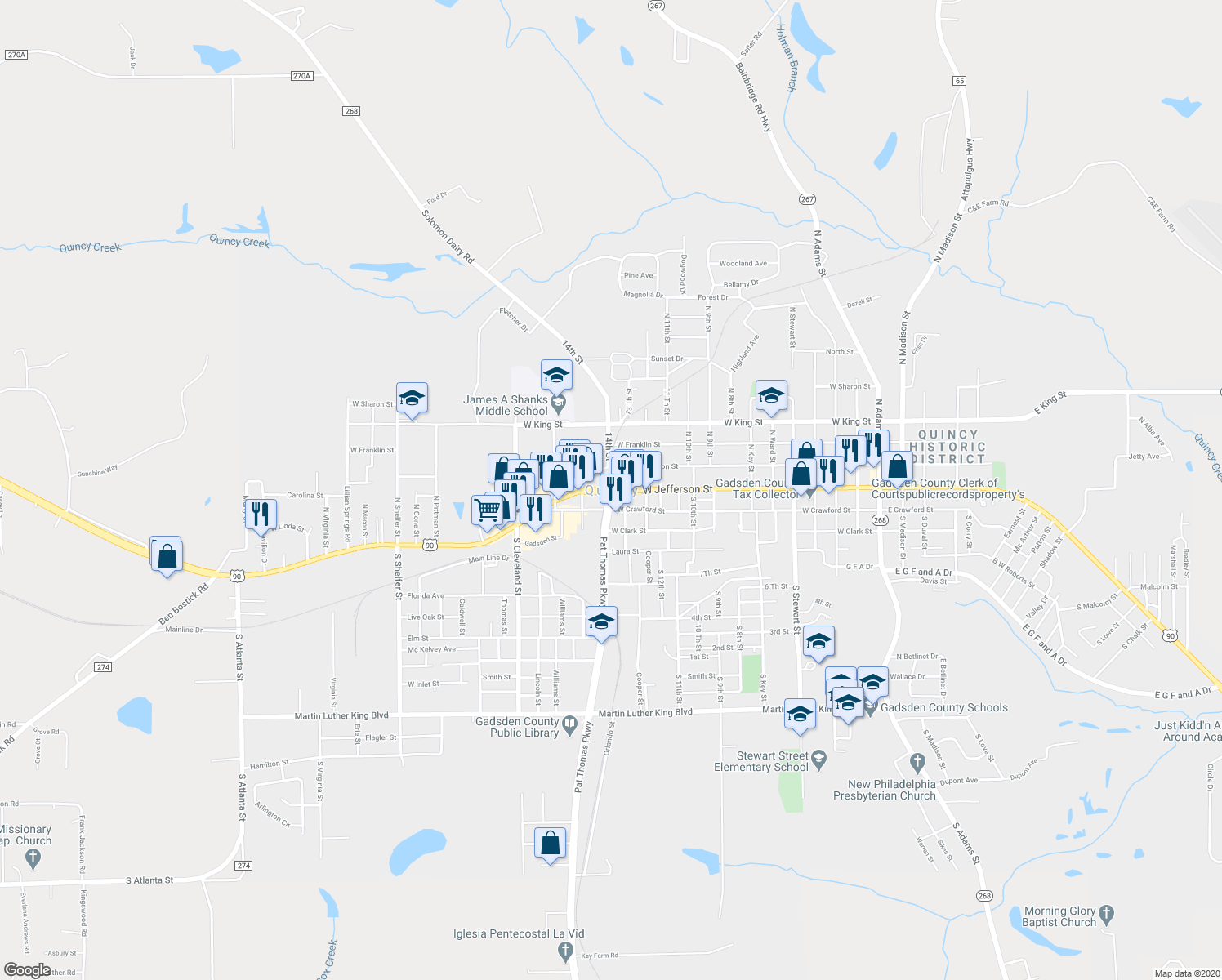 map of restaurants, bars, coffee shops, grocery stores, and more near in Quincy