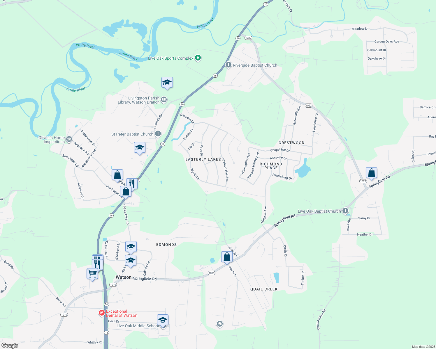 map of restaurants, bars, coffee shops, grocery stores, and more near 36292 Lucas Drive in Denham Springs