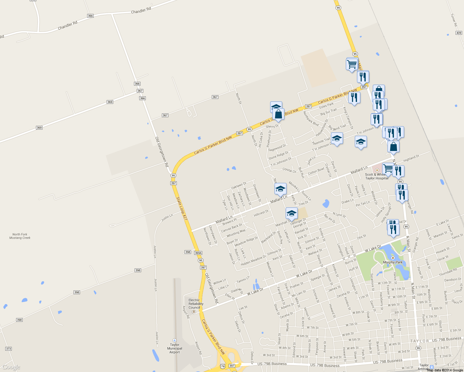 map of restaurants, bars, coffee shops, grocery stores, and more near 1914 Oaklawn Drive in Taylor