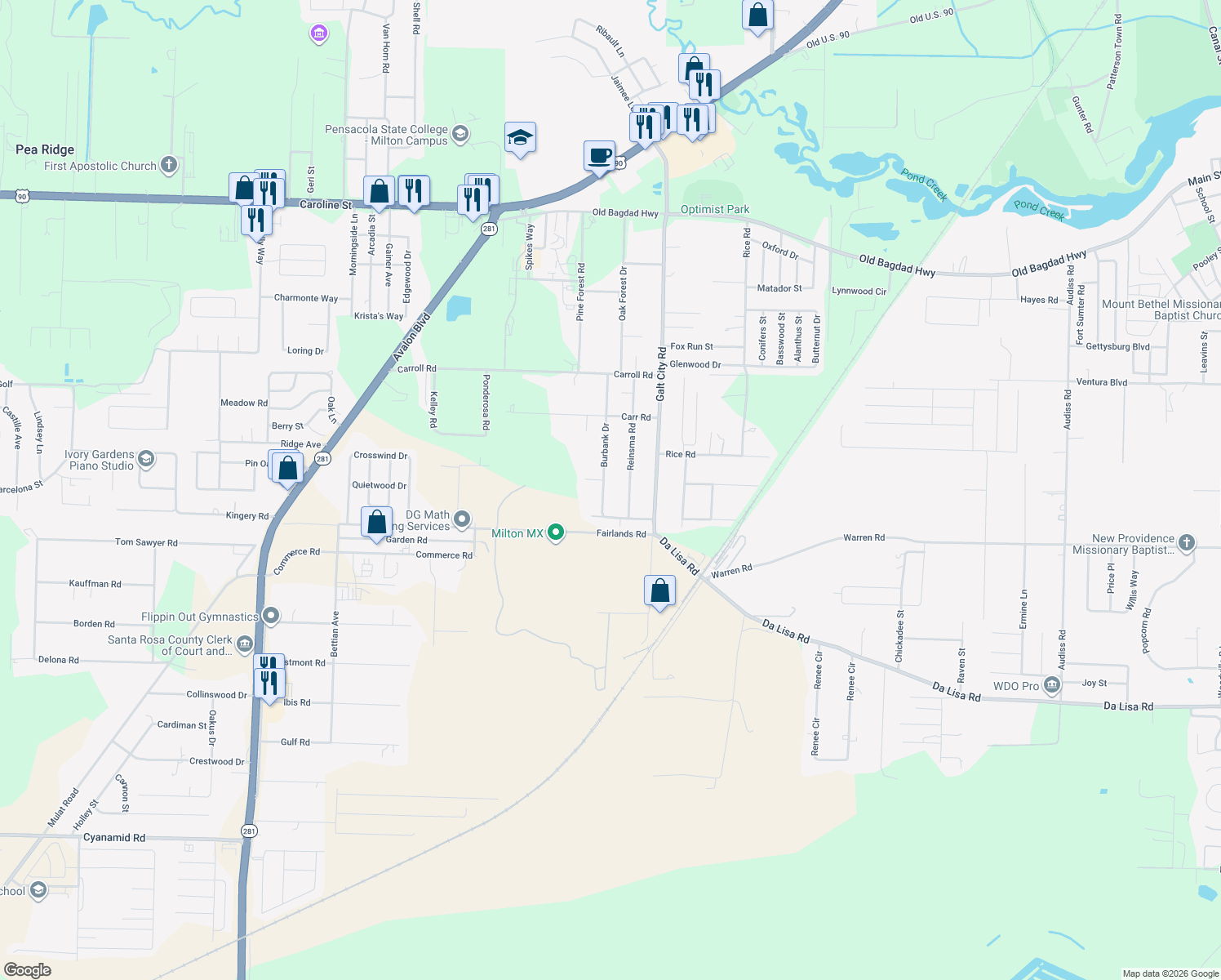 map of restaurants, bars, coffee shops, grocery stores, and more near 4248 Burbank Drive in Milton