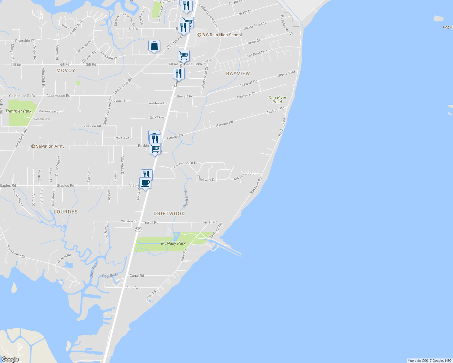 map of restaurants, bars, coffee shops, grocery stores, and more near 1201 Creekway Drive in Mobile