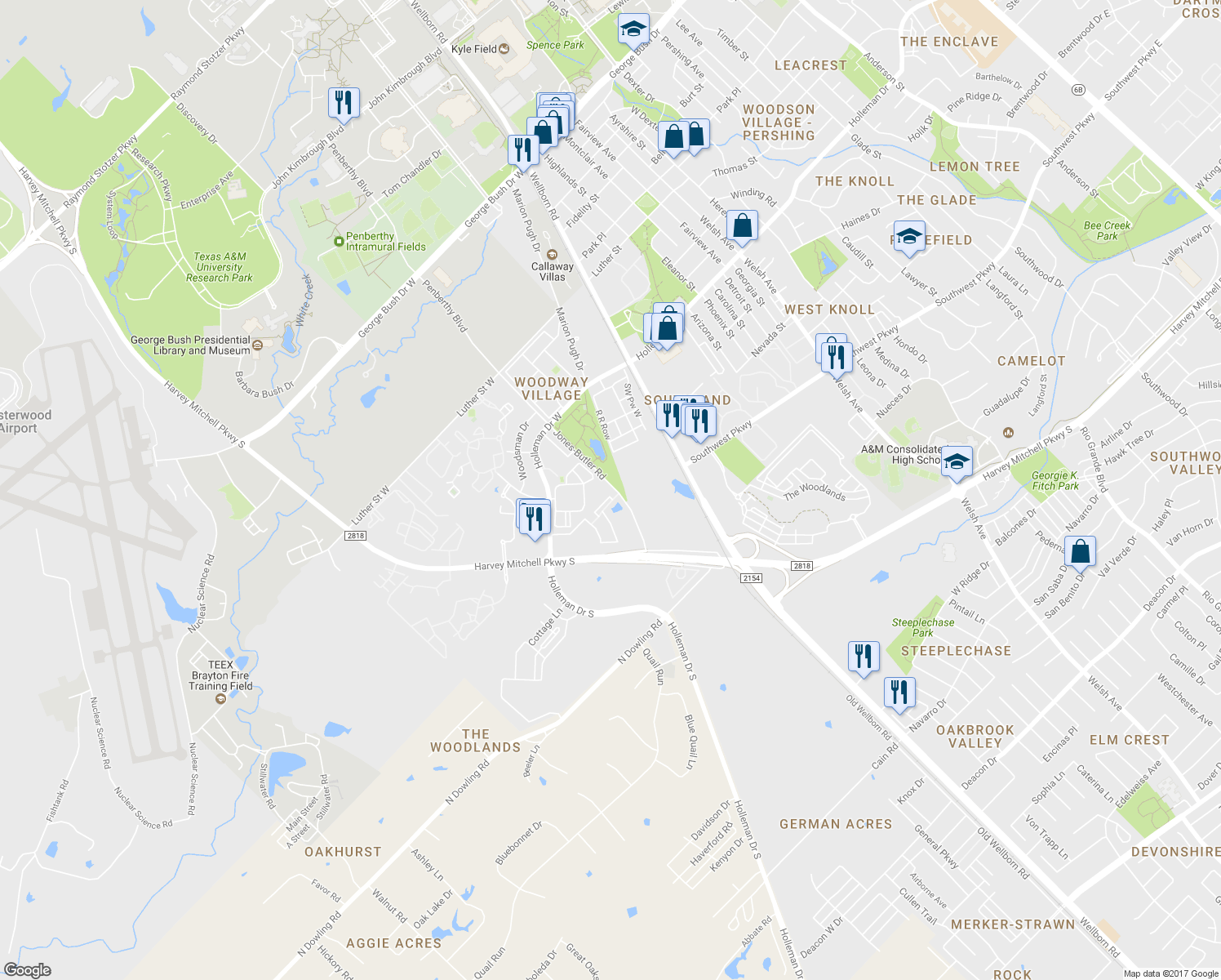 map of restaurants, bars, coffee shops, grocery stores, and more near 106 Jones-Butler Road in College Station