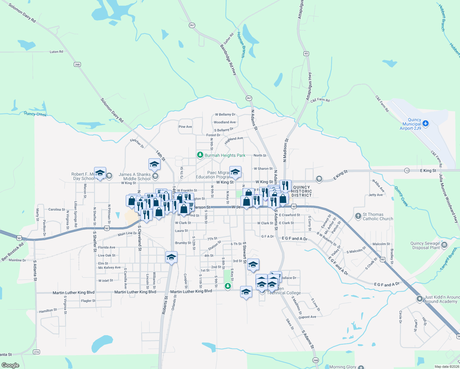 map of restaurants, bars, coffee shops, grocery stores, and more near 521 West King Street in Quincy