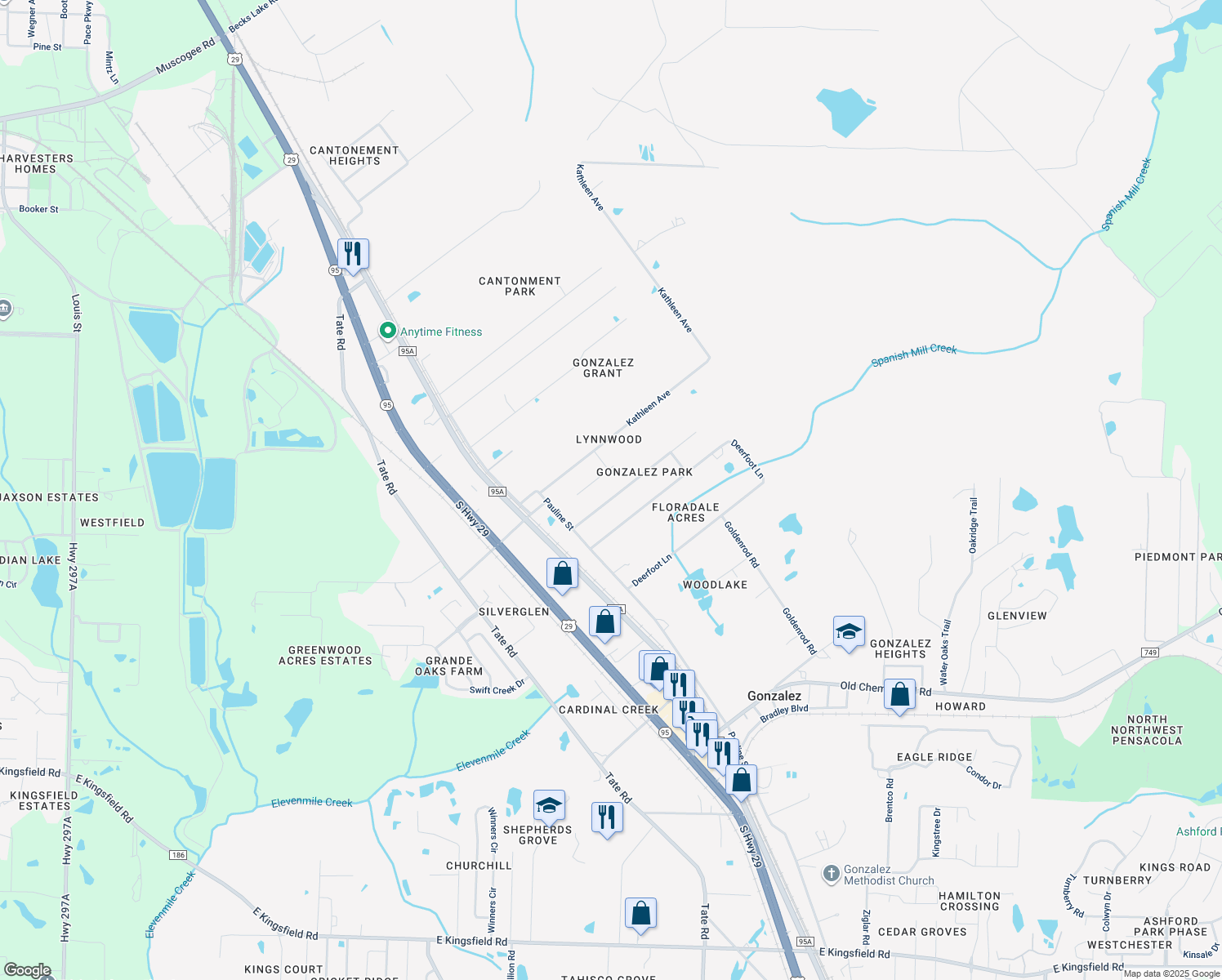 map of restaurants, bars, coffee shops, grocery stores, and more near 954 Gonzalez Park Drive in Gonzalez