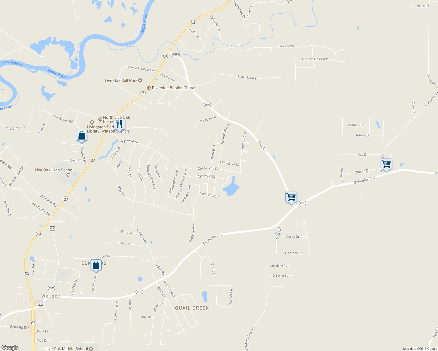 map of restaurants, bars, coffee shops, grocery stores, and more near 10009 Asheville Drive in Denham Springs