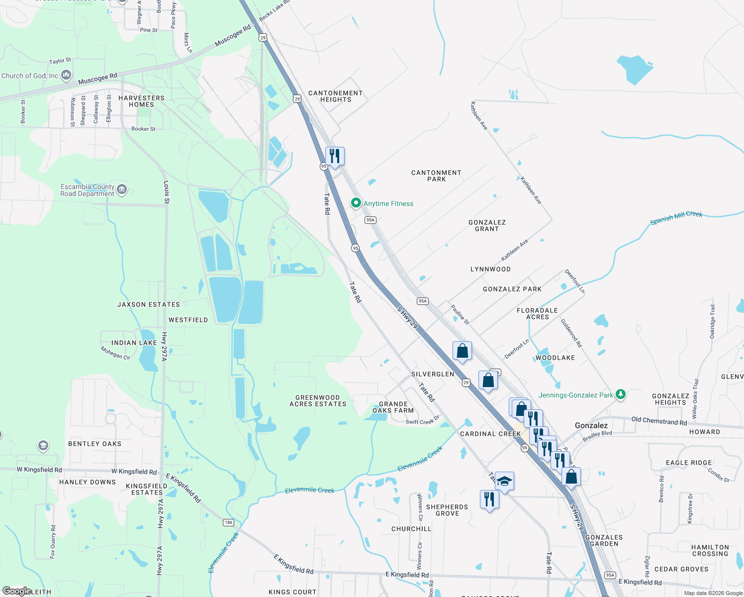 map of restaurants, bars, coffee shops, grocery stores, and more near 976 Tate Road in Cantonment
