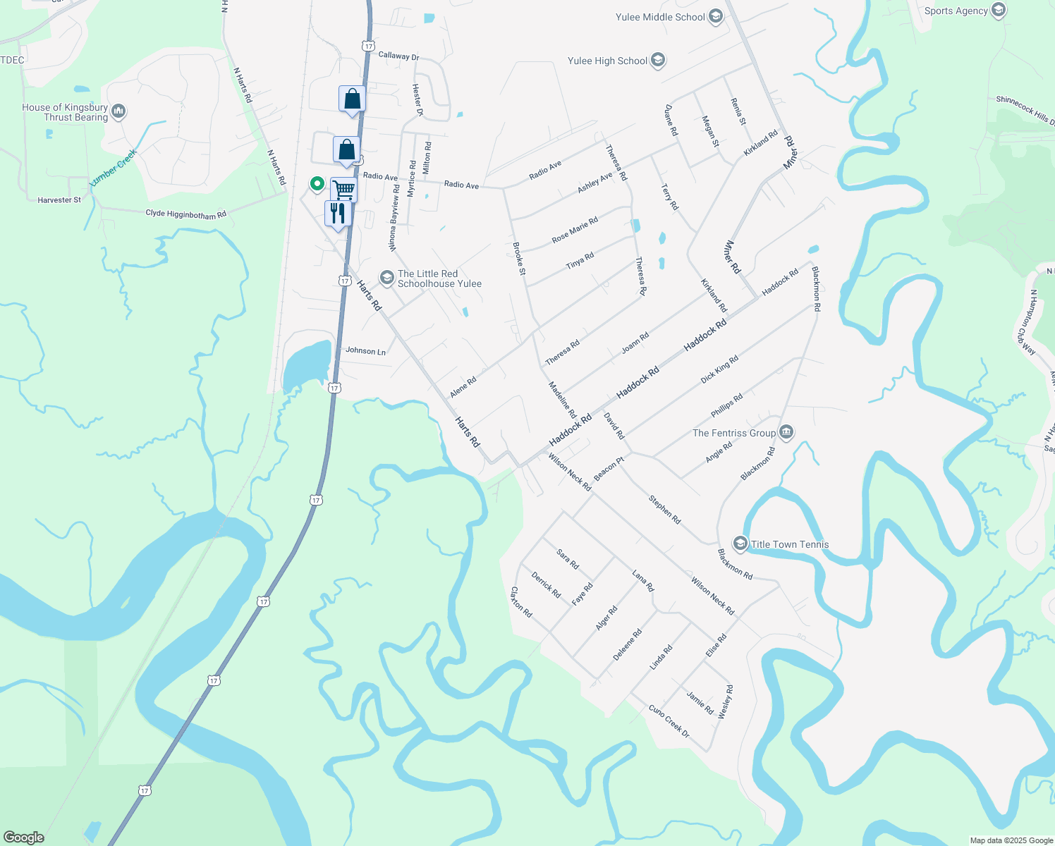 map of restaurants, bars, coffee shops, grocery stores, and more near Lindsey Kay Court in Yulee