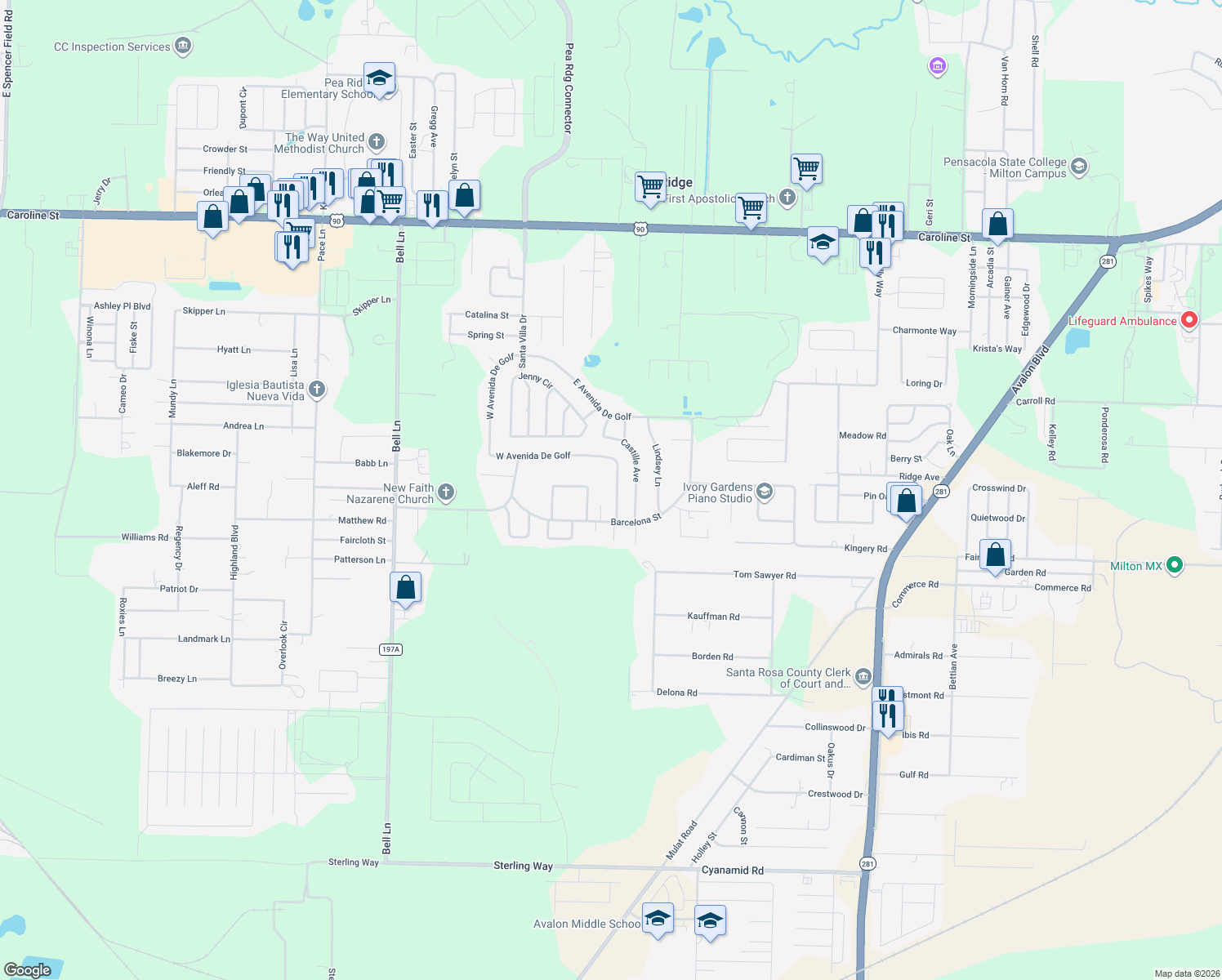 map of restaurants, bars, coffee shops, grocery stores, and more near 4217 W Avenida De Golf in Pace