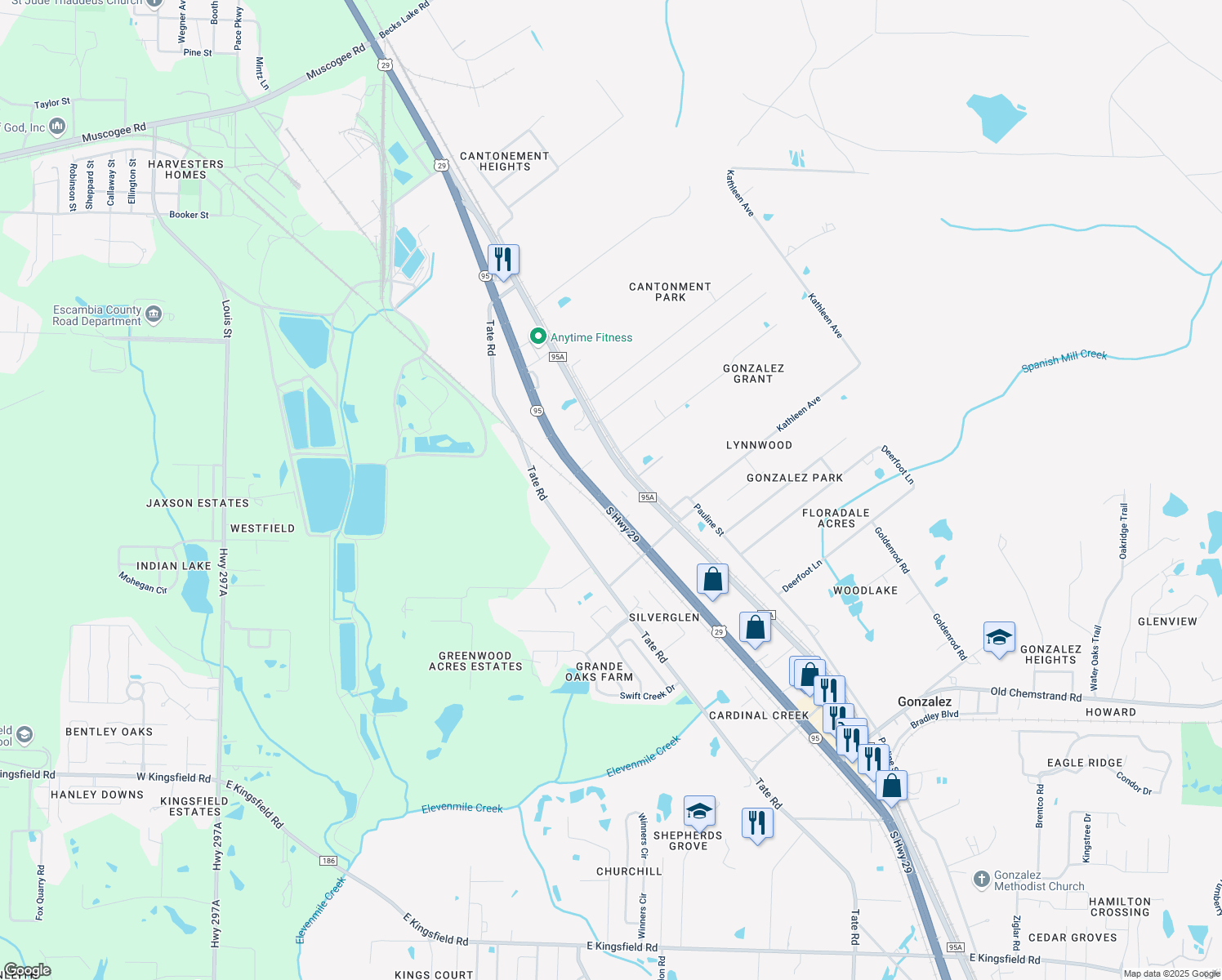 map of restaurants, bars, coffee shops, grocery stores, and more near 948 South Highway 29 in Gonzalez