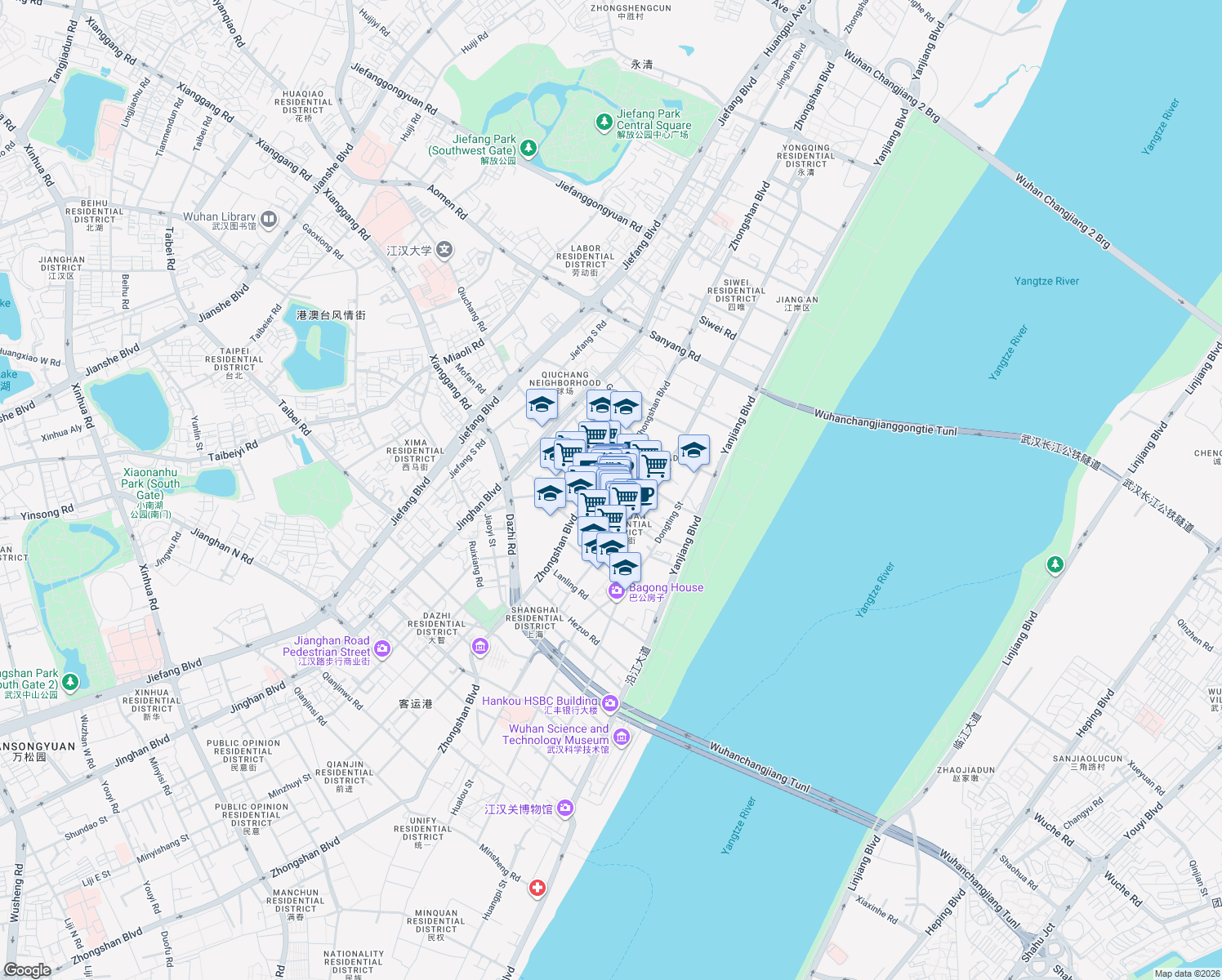 map of restaurants, bars, coffee shops, grocery stores, and more near Zhongshan Avenue in Wuhan