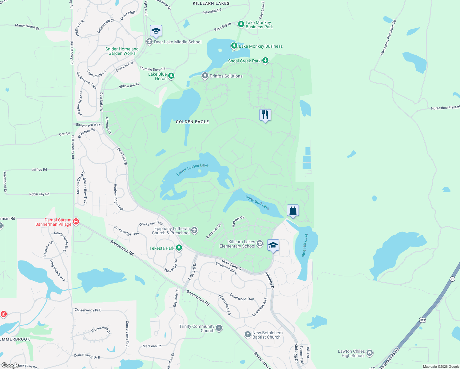 map of restaurants, bars, coffee shops, grocery stores, and more near 8857 Glen Abby Drive in Tallahassee