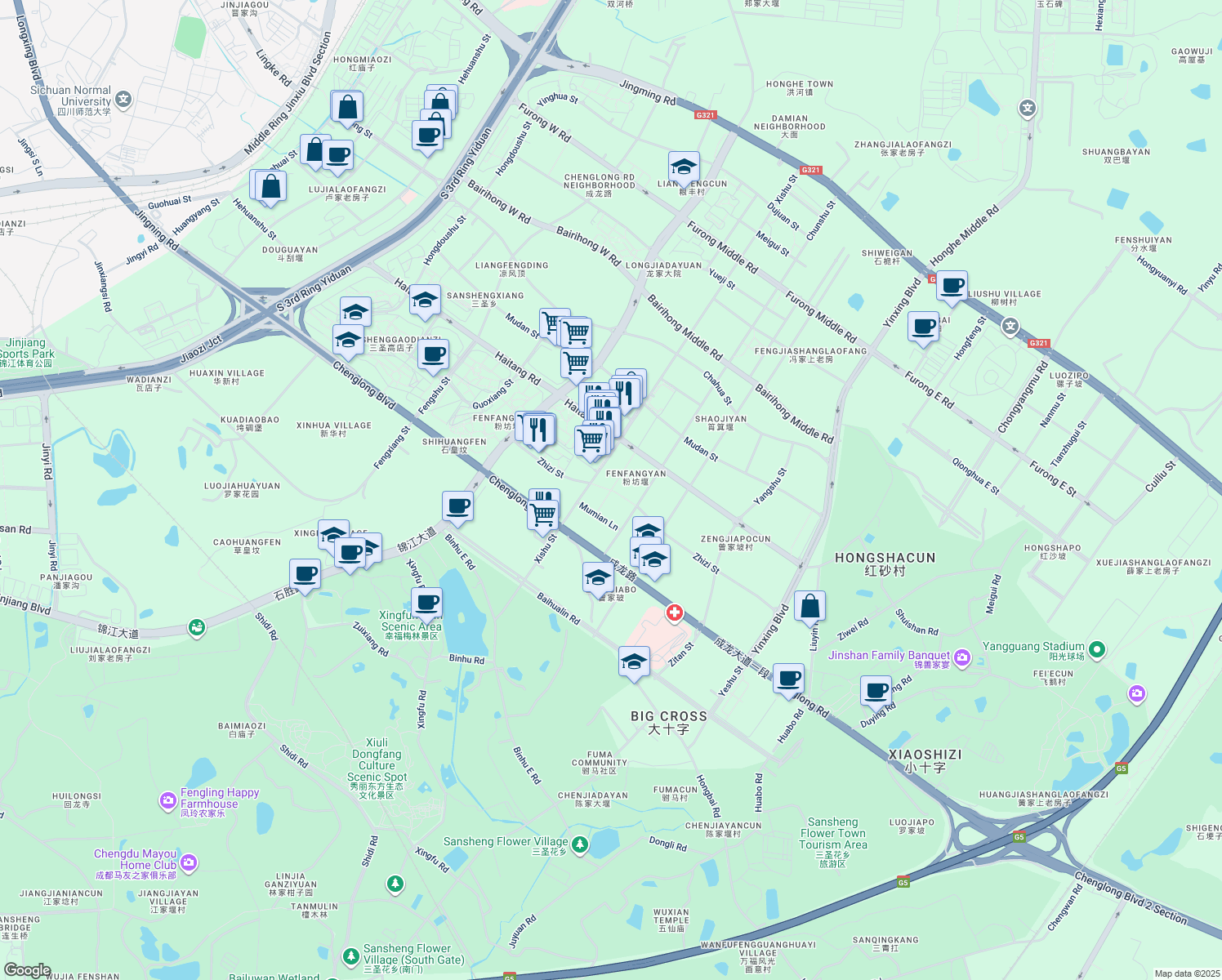 map of restaurants, bars, coffee shops, grocery stores, and more near Yu Shu Xiang in Cheng Du Shi