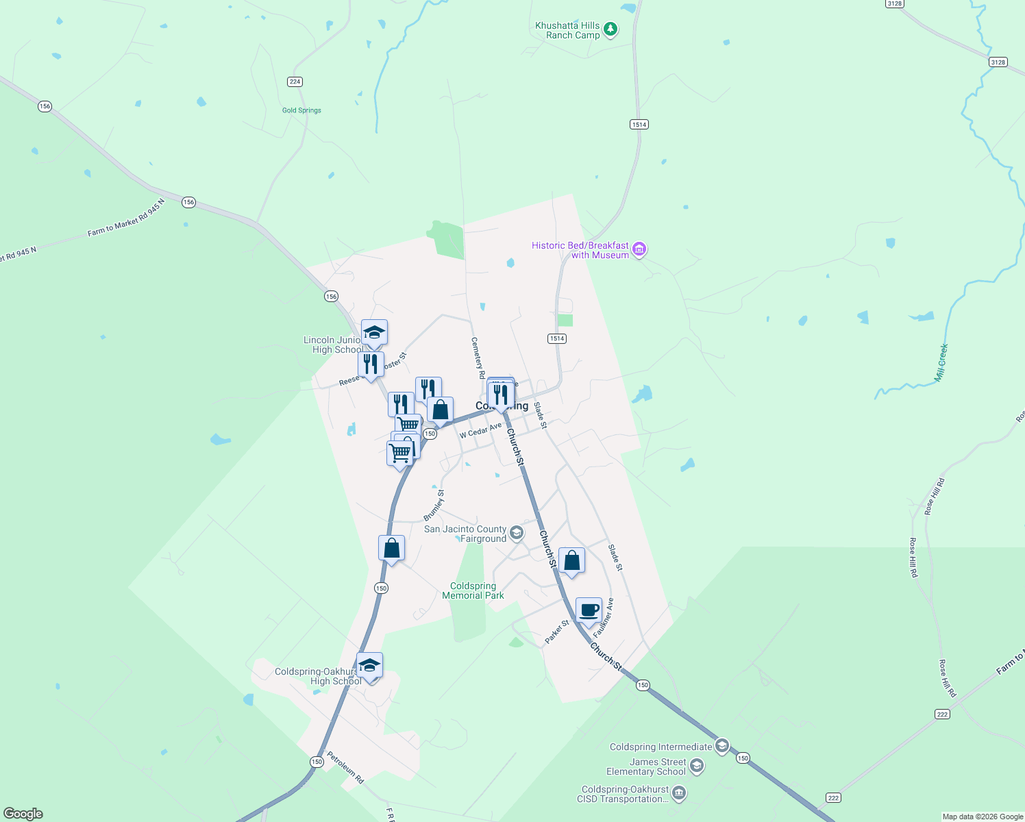 map of restaurants, bars, coffee shops, grocery stores, and more near 1 Texas 150 in Coldspring