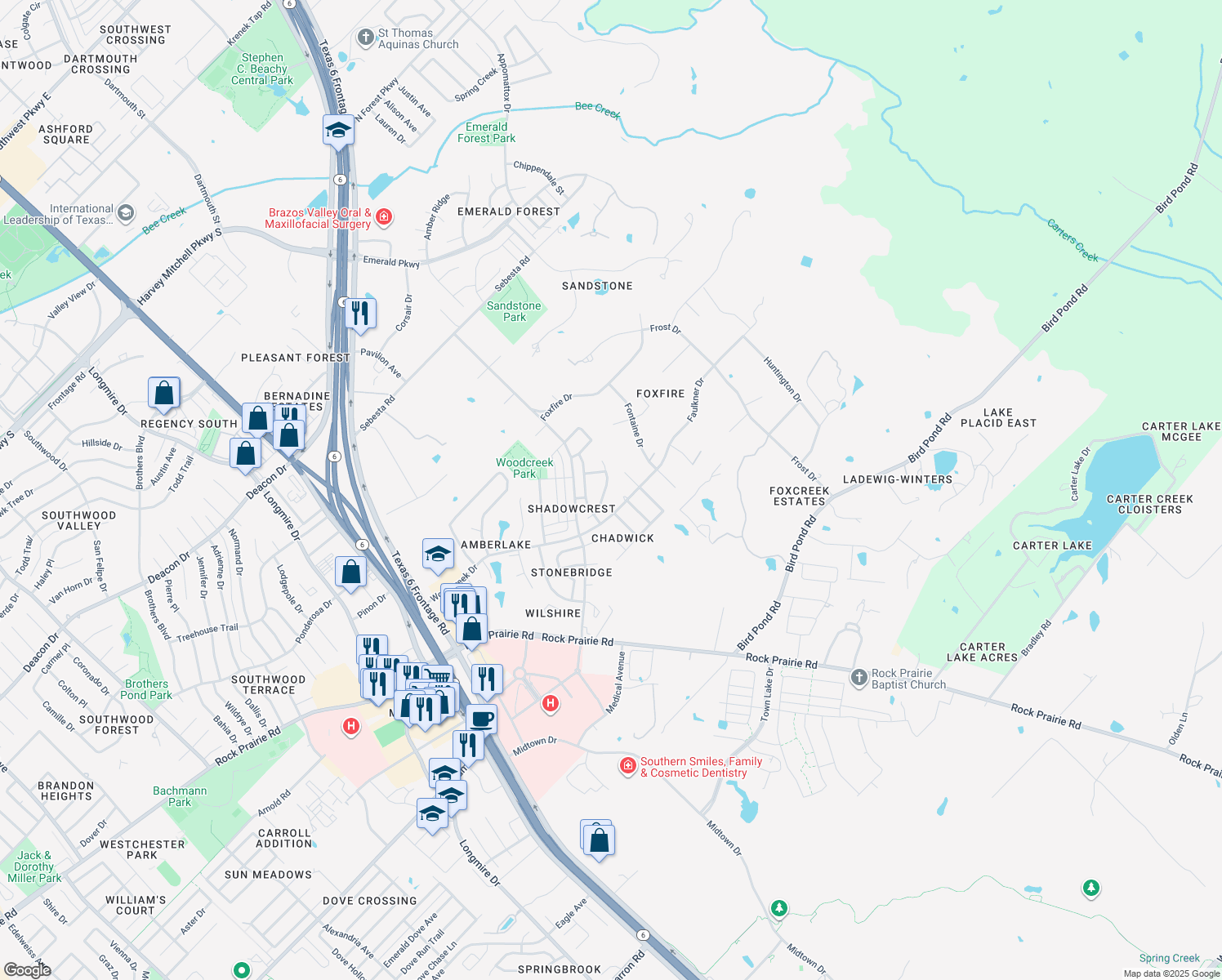 map of restaurants, bars, coffee shops, grocery stores, and more near 9207 Riverstone Ct in College Station