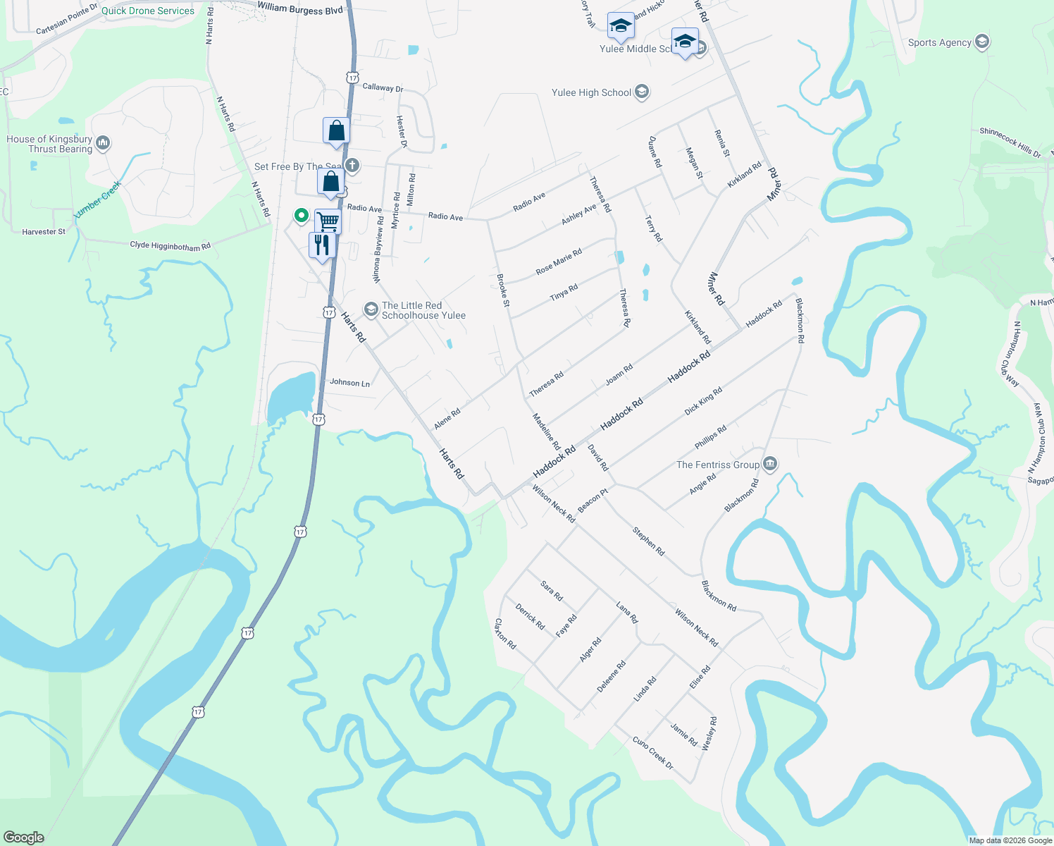 map of restaurants, bars, coffee shops, grocery stores, and more near 85173 Madeline Road in Yulee