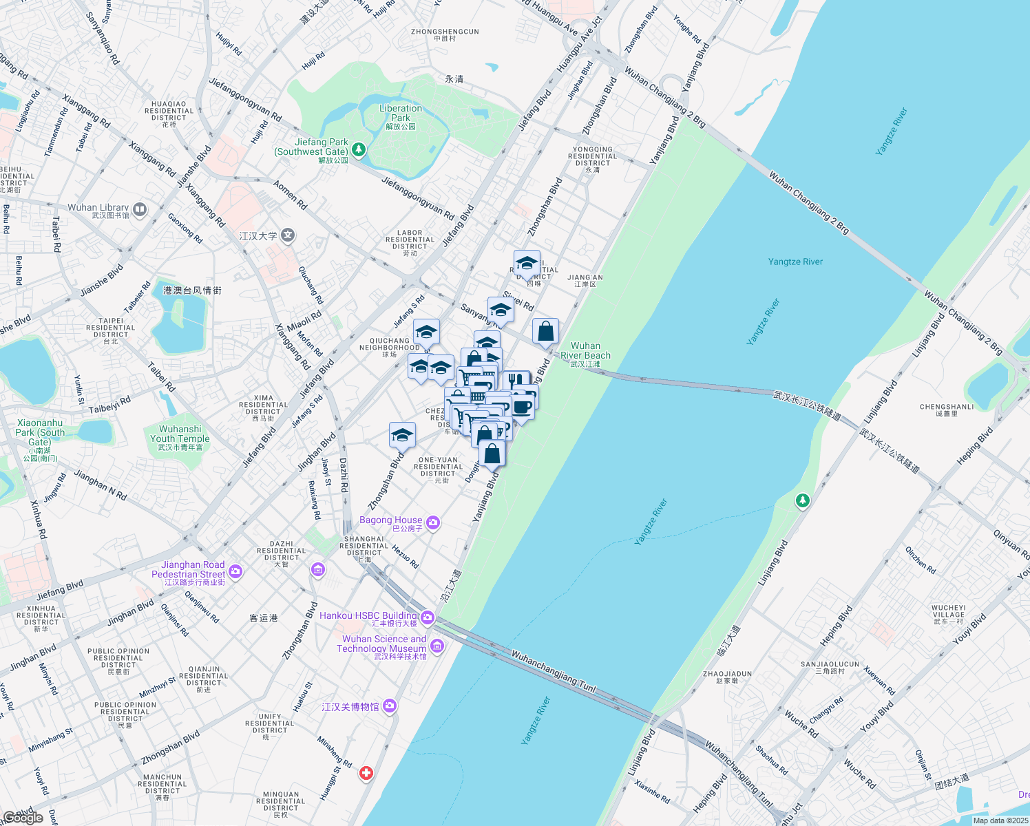 map of restaurants, bars, coffee shops, grocery stores, and more near in Wuhan