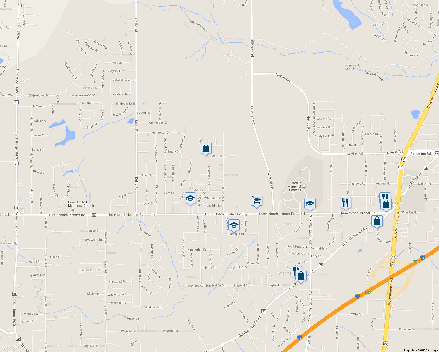 map of restaurants, bars, coffee shops, grocery stores, and more near 4515 Schimpfs Ln in Mobile