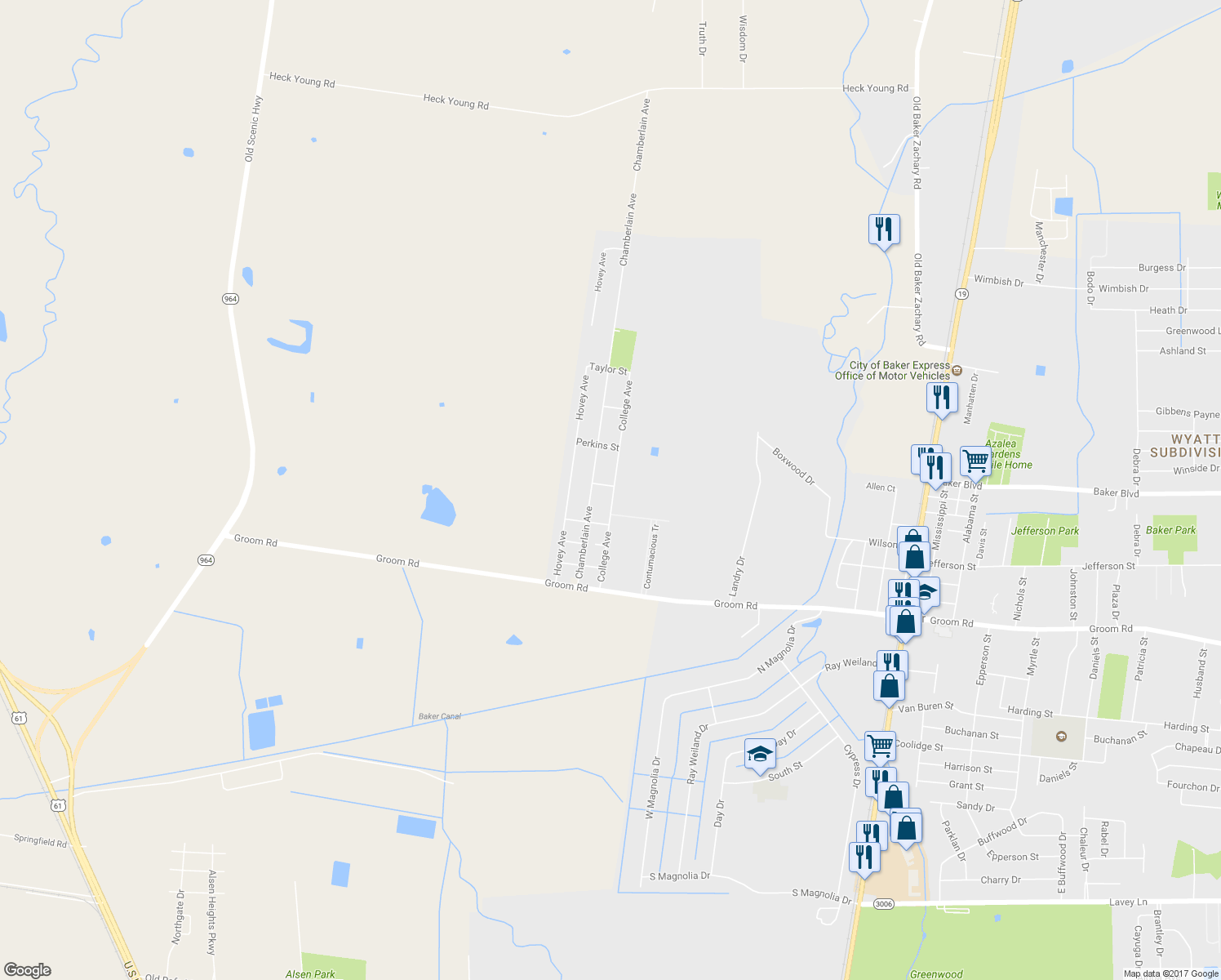 map of restaurants, bars, coffee shops, grocery stores, and more near 2195 College Avenue in Baker