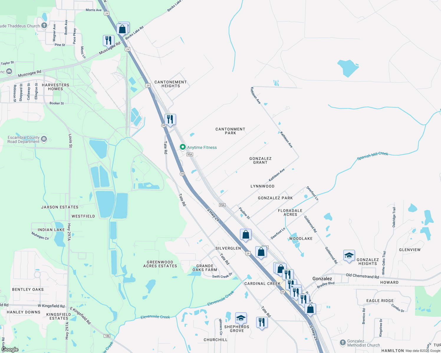 map of restaurants, bars, coffee shops, grocery stores, and more near 694 Candy Lane in Gonzalez