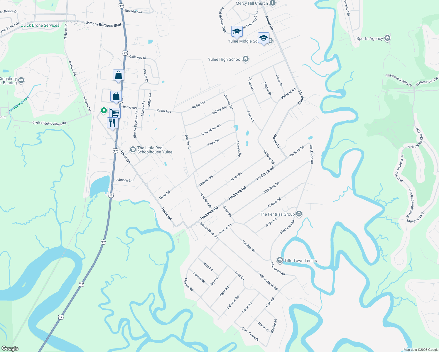 map of restaurants, bars, coffee shops, grocery stores, and more near 85110 Theresa Road in Yulee