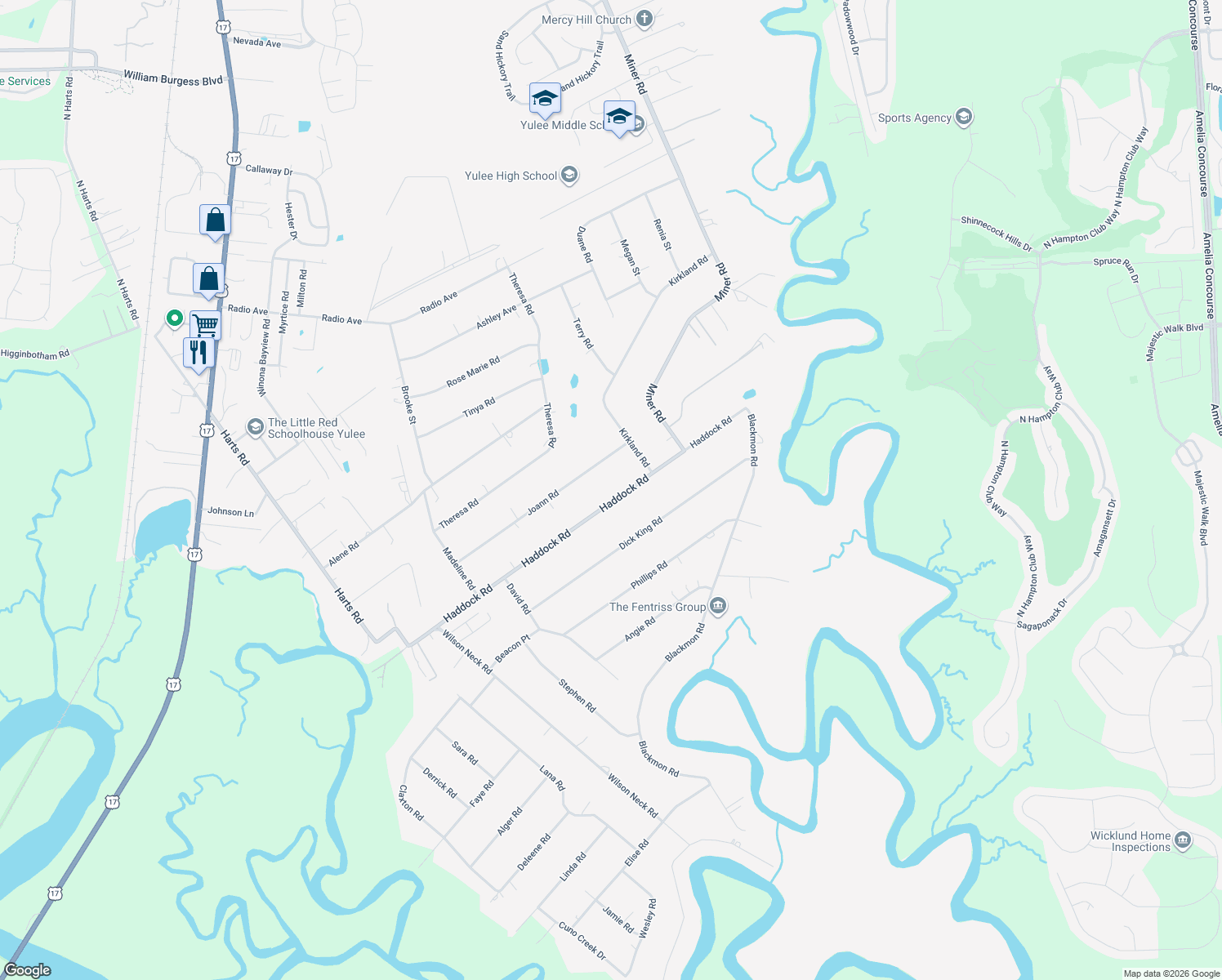 map of restaurants, bars, coffee shops, grocery stores, and more near 85603 Haddock Road in Yulee