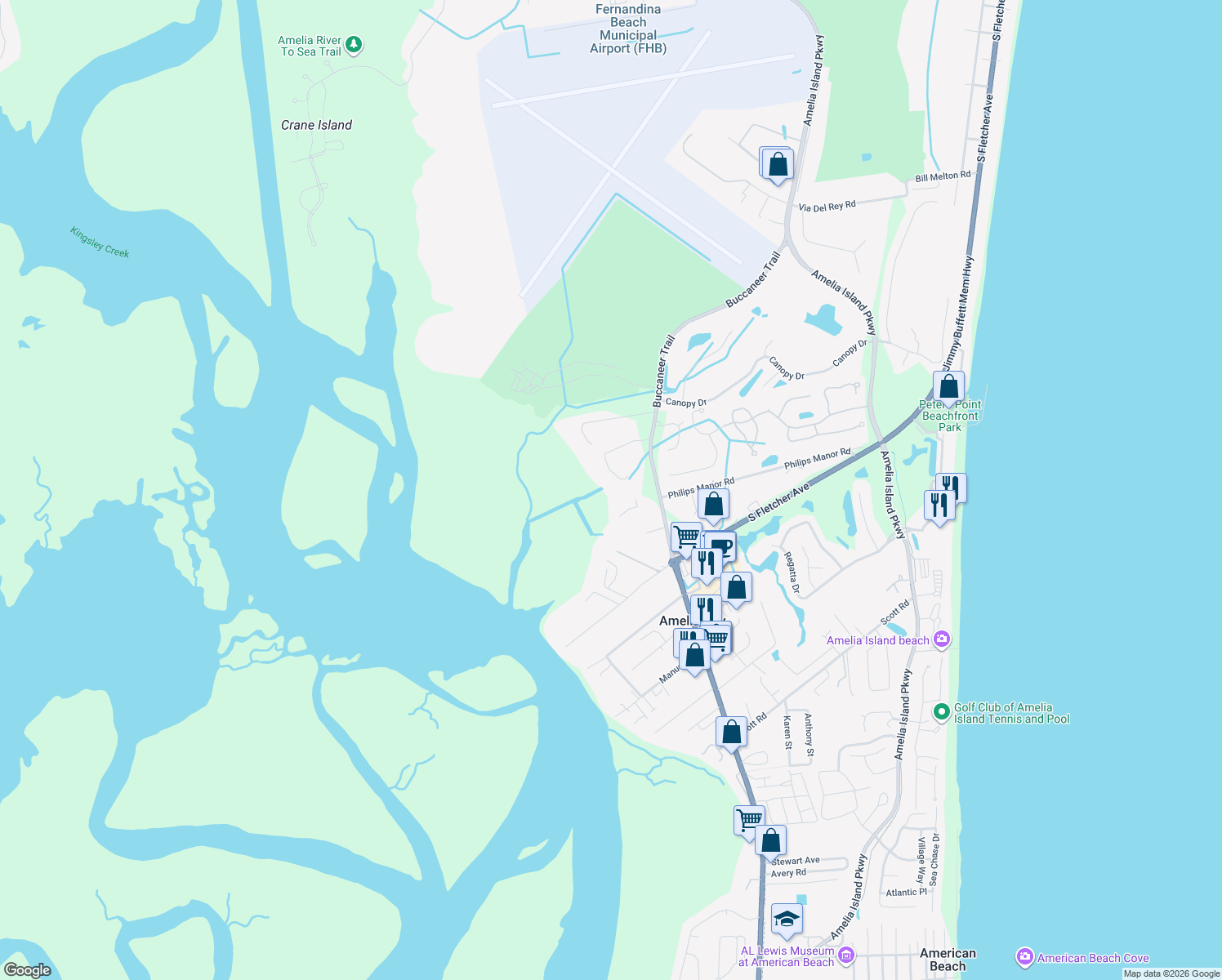 map of restaurants, bars, coffee shops, grocery stores, and more near 1309 Autumn Trce in Fernandina Beach