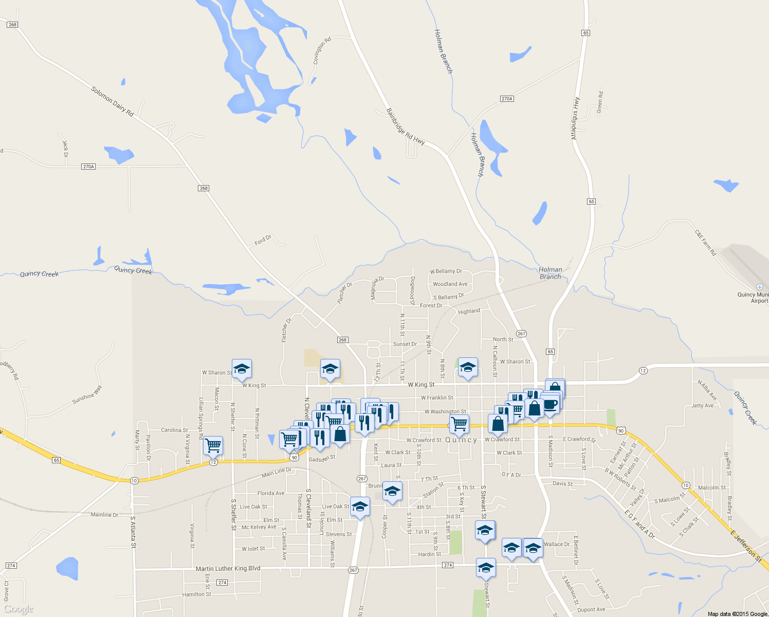 map of restaurants, bars, coffee shops, grocery stores, and more near 1111 South Magnolia Drive in Quincy