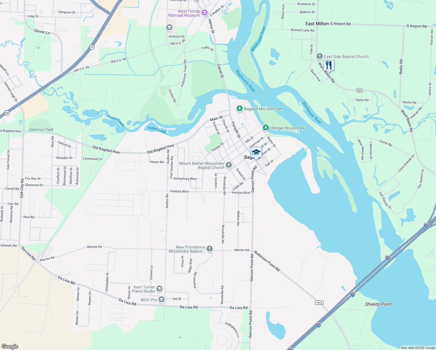 map of restaurants, bars, coffee shops, grocery stores, and more near 4470 Leavins Street in Milton