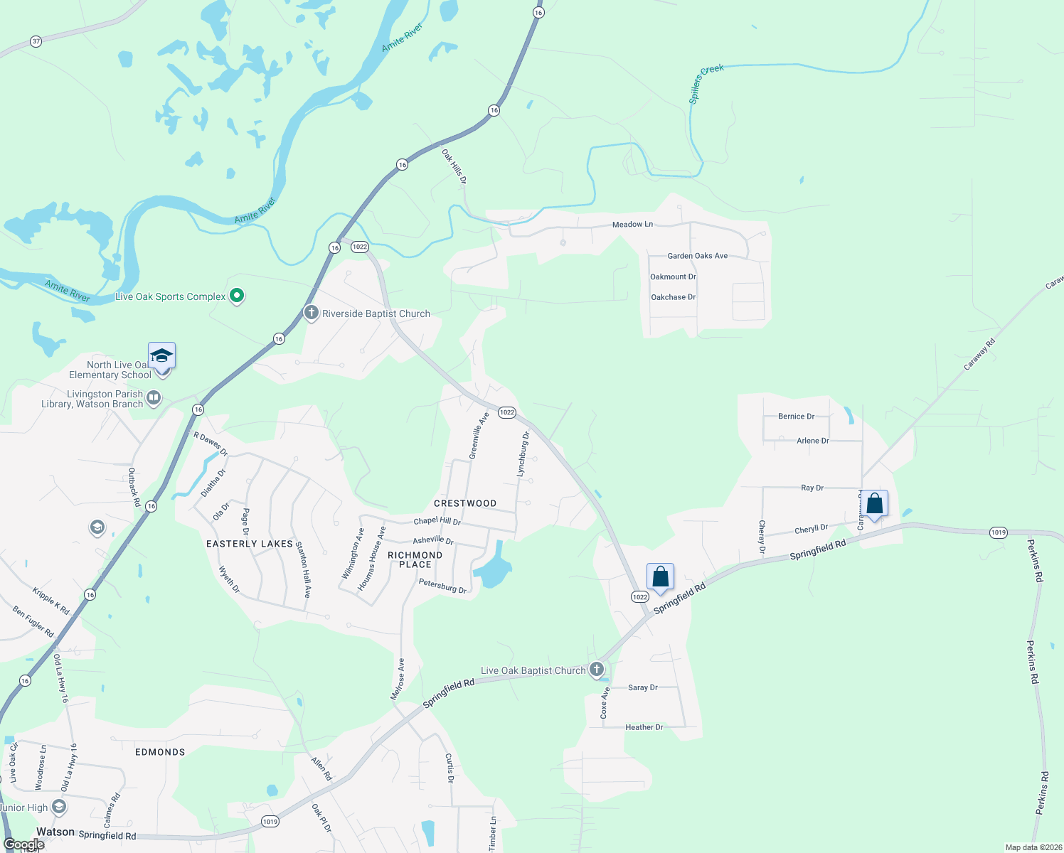 map of restaurants, bars, coffee shops, grocery stores, and more near 36683 Fore Road in Denham Springs