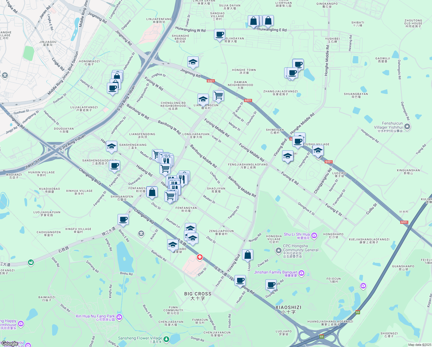 map of restaurants, bars, coffee shops, grocery stores, and more near Chun Shu Jie in Cheng Du Shi