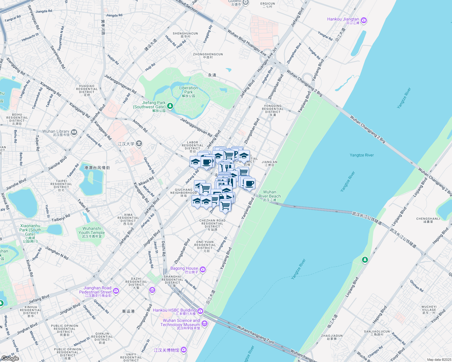 map of restaurants, bars, coffee shops, grocery stores, and more near San Yang Lu in Wu Han Shi