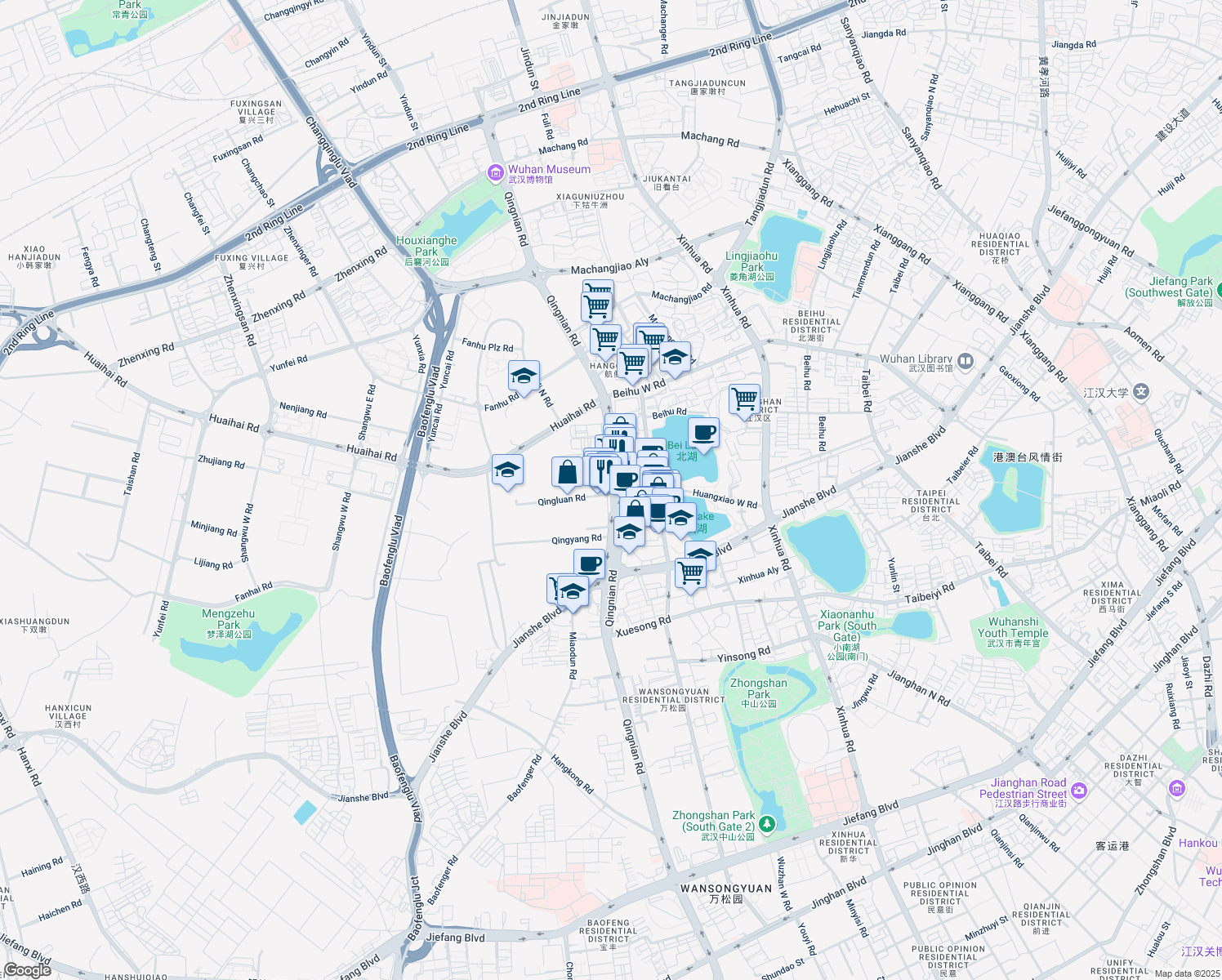 map of restaurants, bars, coffee shops, grocery stores, and more near in Wuhan