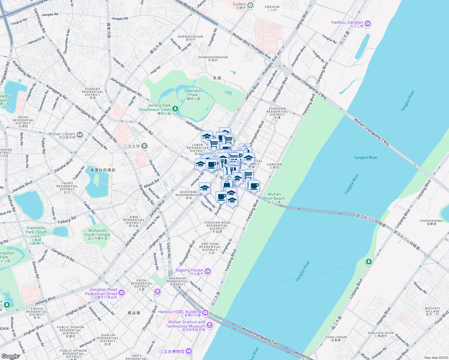 map of restaurants, bars, coffee shops, grocery stores, and more near San Yang Lu in Wu Han Shi