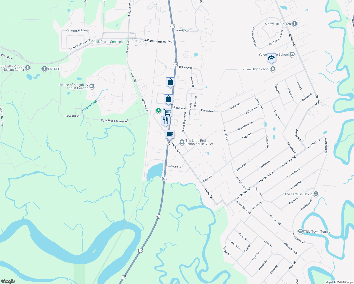 map of restaurants, bars, coffee shops, grocery stores, and more near 85276 Harts Road in Yulee