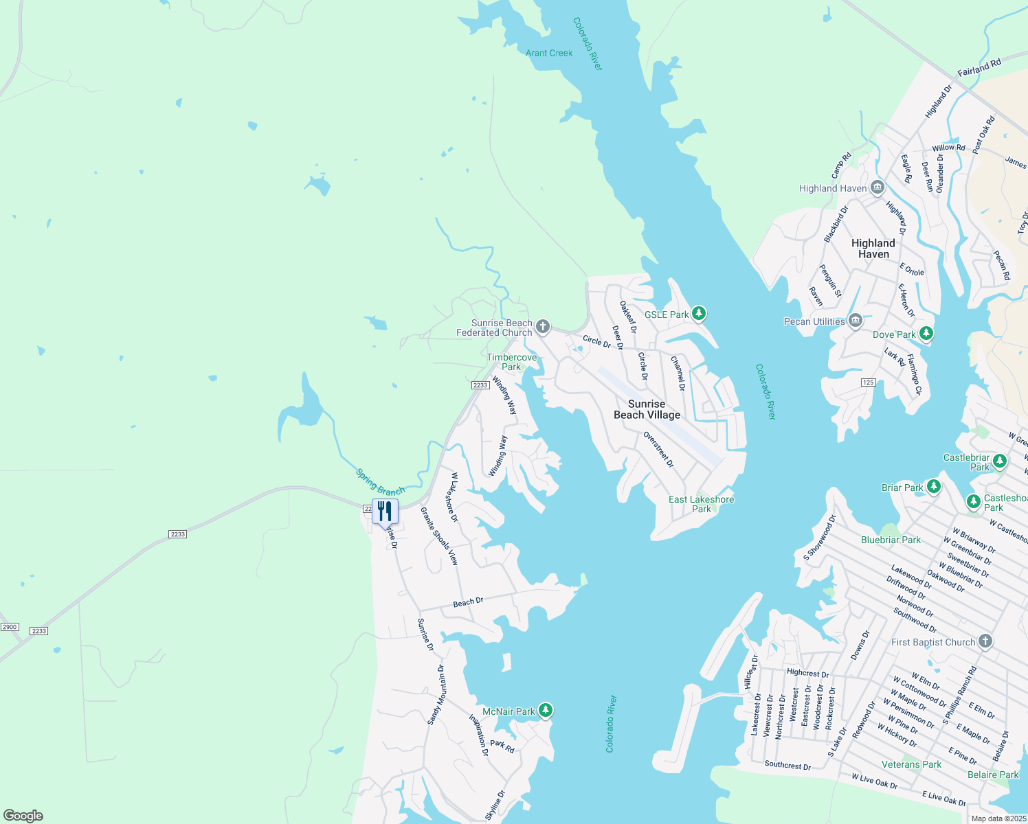 map of restaurants, bars, coffee shops, grocery stores, and more near 309 Winding Way in Sunrise Beach Village
