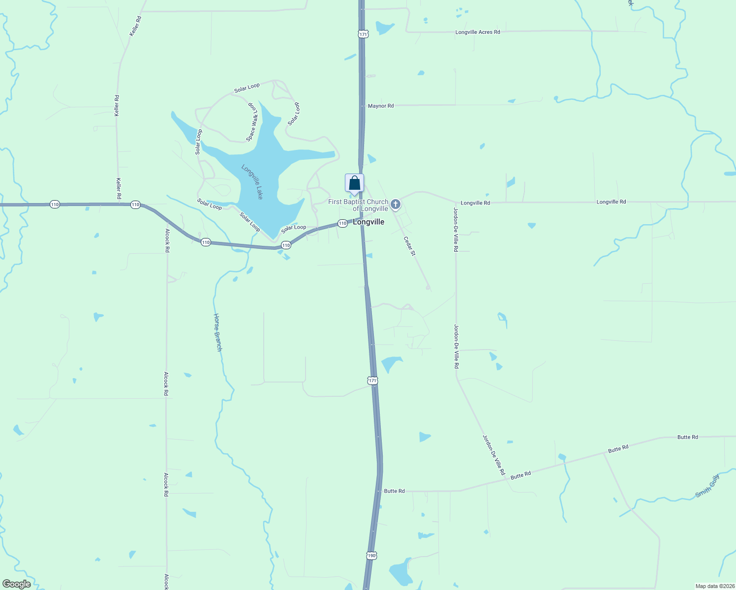 map of restaurants, bars, coffee shops, grocery stores, and more near U.S. 171 in Longville